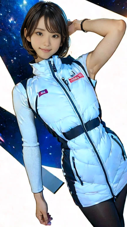 Actual,best Actual quality:1.1),(photo shoot:1.1),(High resolution), (Highly detailed and Actual face),Half Body,(Actual human skin),(everyone),(White skin of a 15 year old,Light brown short bob, Wear a sexy tight astronaut suit,) A room in the space station, ((15-year-old girl, Young Smile, slim, Narrow waist, Thin thighs, Thin arms)), ((Raise your arms, Please show me your armpits))