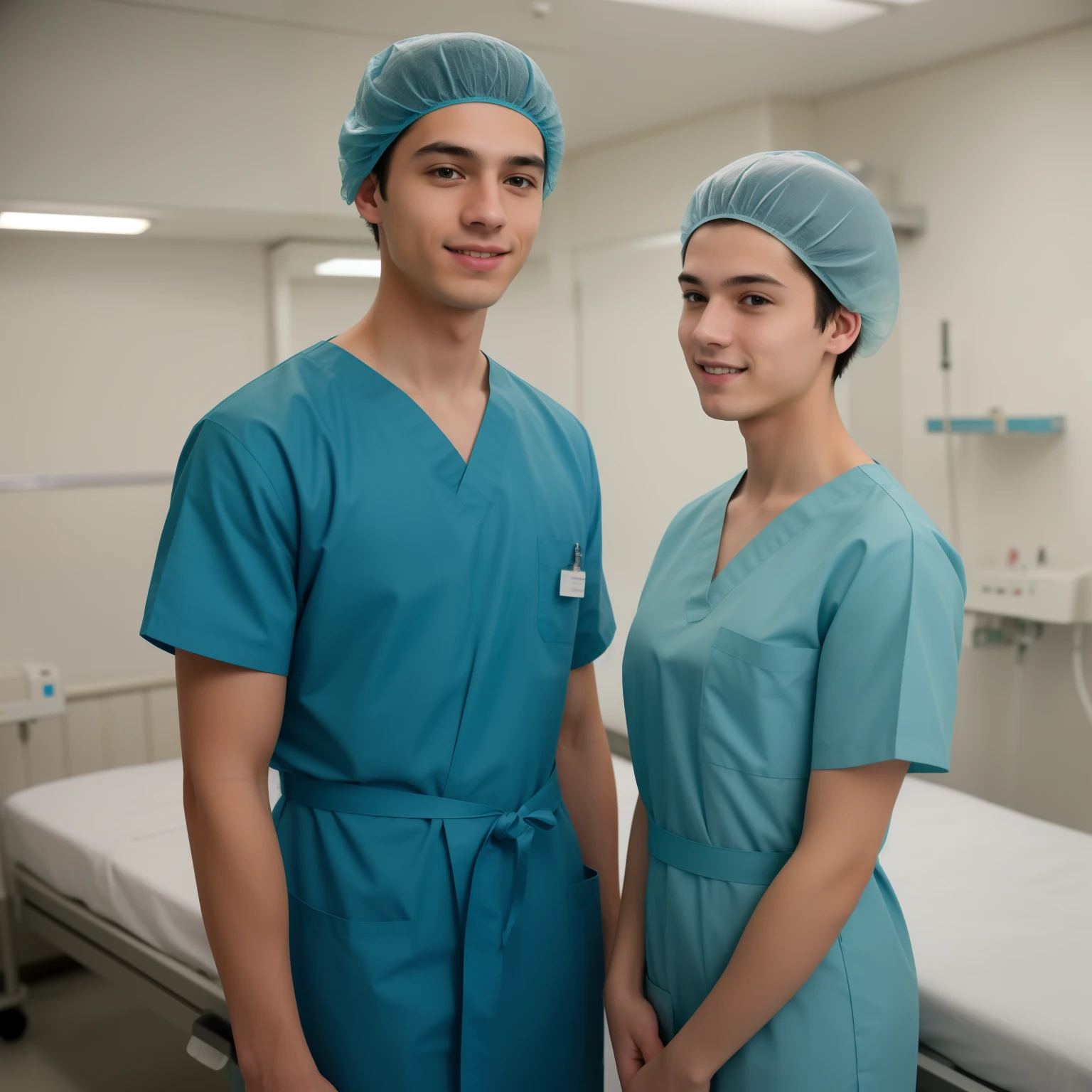 A Realistic Portrait, of a ager boy patient and young female surgical nurse, standing in operation room, female surgical nurse prepares patient for surgery , teen fitness model Beautiful, detailed male boy face, detailed eyes, (realistic skin:1.3), (pale skin:1.1), (textured skin:1.3), (()), big smile, (iphone photograph), ), (artificial lighting:1.3), thin eyebrows, male figure, looking at the camera, perfect male teenagery, amateur Photography, Photorealistic, Detailed, analog, poor quality, grainy, laying in bed, , wide angle, showing full body, boy wearing long teal nylon patient gown, ultra-short hair and ears fully covered by teal viynl shower cap, , boy wears opened patient gown showing chest and six-pack stomach, young female surgical nurse (20 years) in teal surgical scrubs standing next to boy patient
