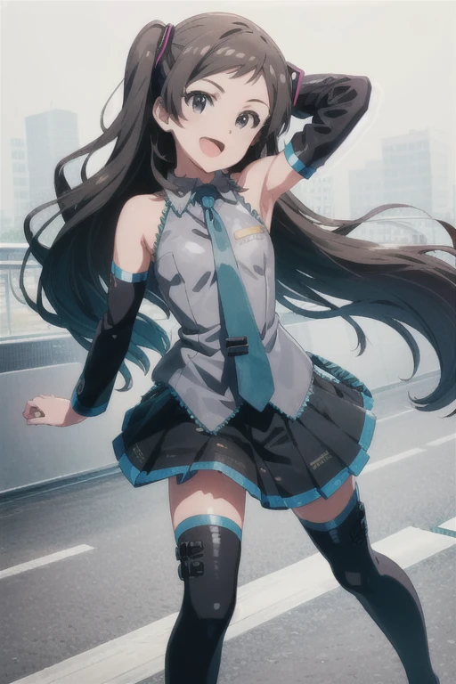 (((pixel-perfect, detail-perfect))), solo, 1girl, shiho kitazawa, miku outfit, sleeveless shirt, grey shirt, detached sleeves, necktie, arm tattoo, skirt, thighhighs, thigh boots, looking at viewer, smile, :d