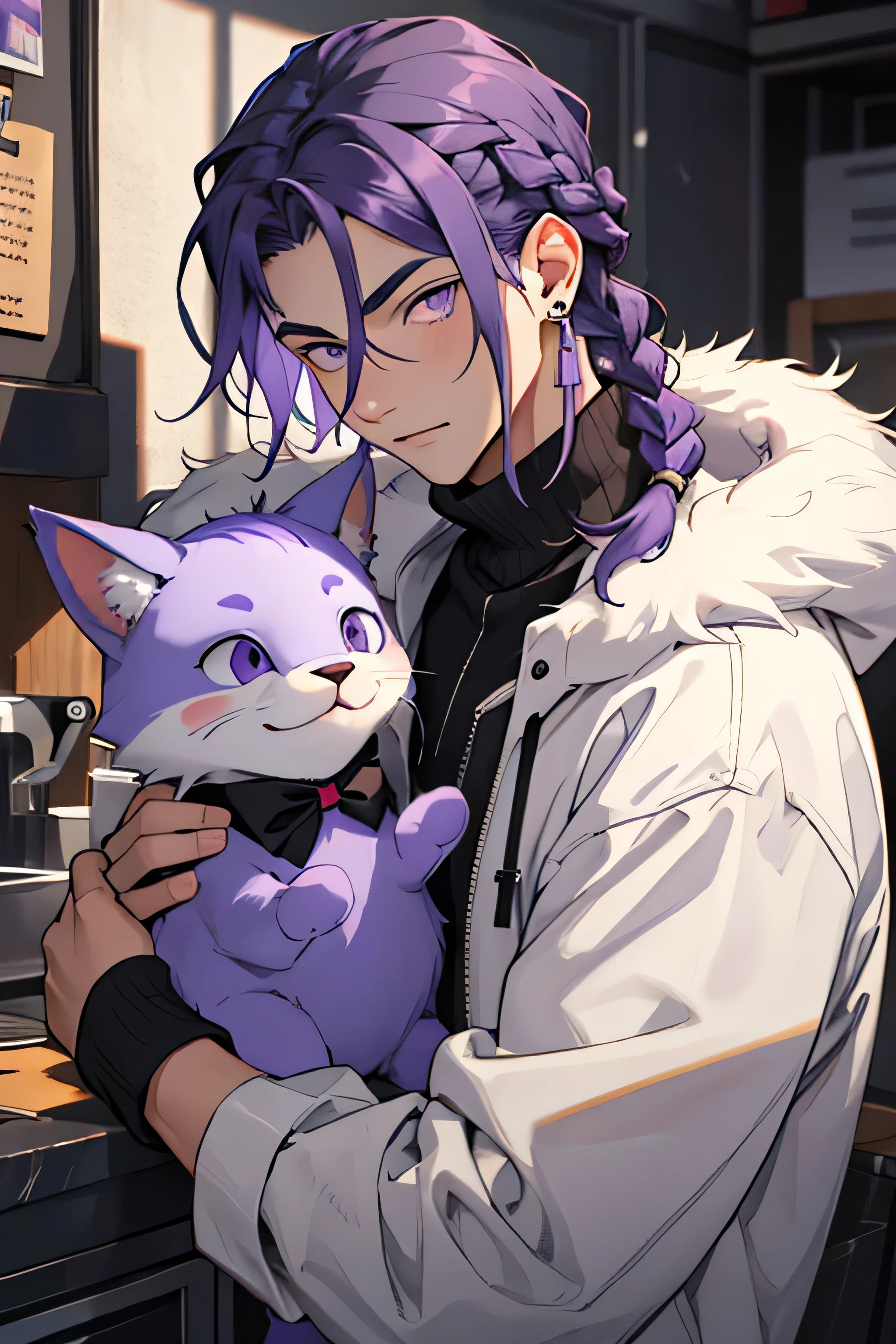 age boy with long purple hair in a braid bright purple eyes white fur small earrings with a cat puppet