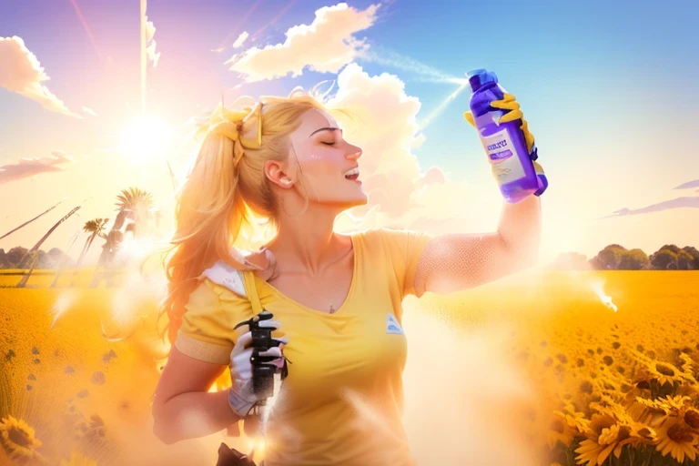 araffe spraying a woman with a spray bottle in a field, misting, flour dust spray, sprays, hot weather, dust motes in air, sunny summer day, her face flushing and sweat, very sunny weather, hot summer day, profile pic, sunny environment, hot with shining sun, hot day, water spray, bright sunny day