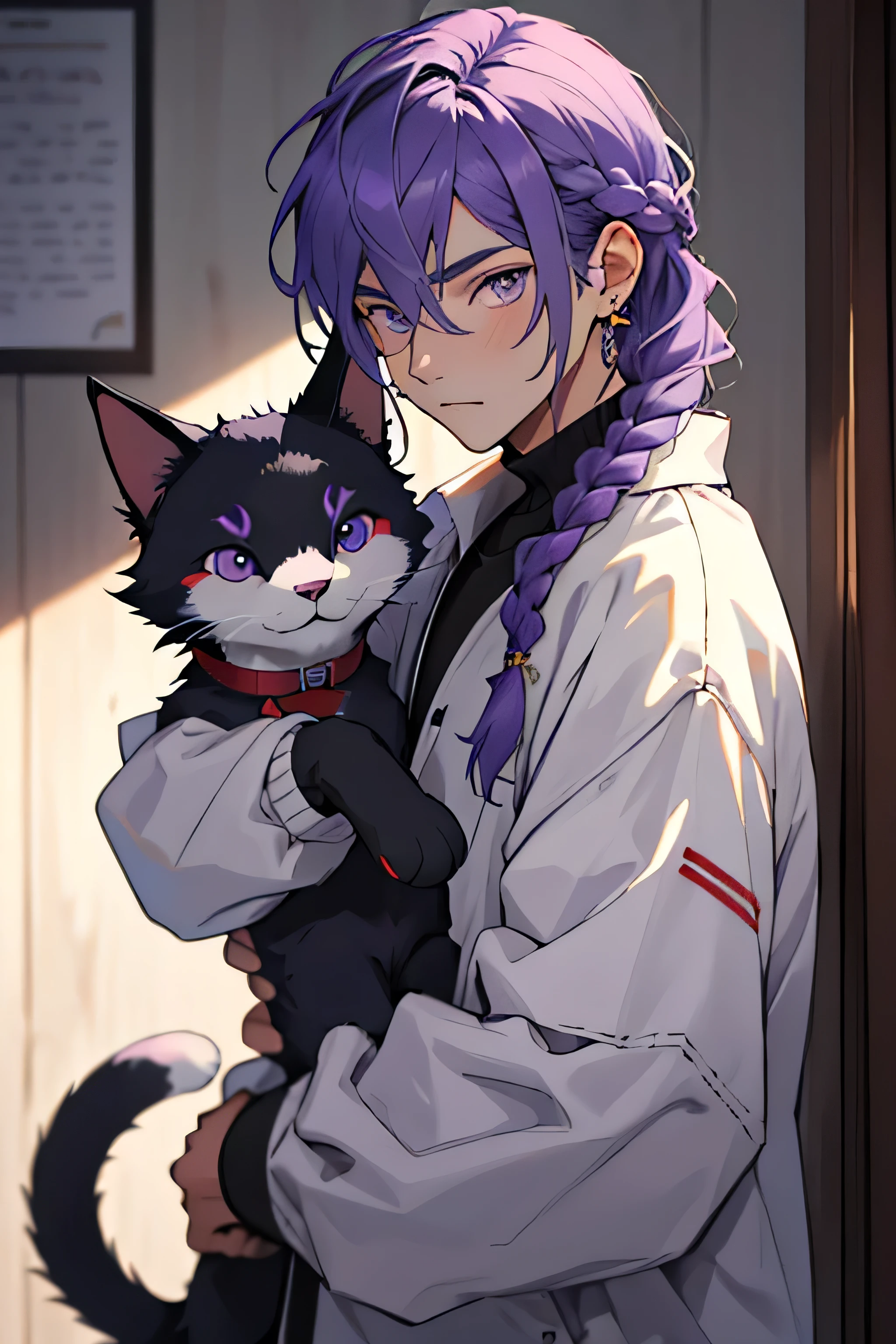 Teenage boy with long purple hair in a braid bright purple eyes white fur small earrings with a cat puppet 