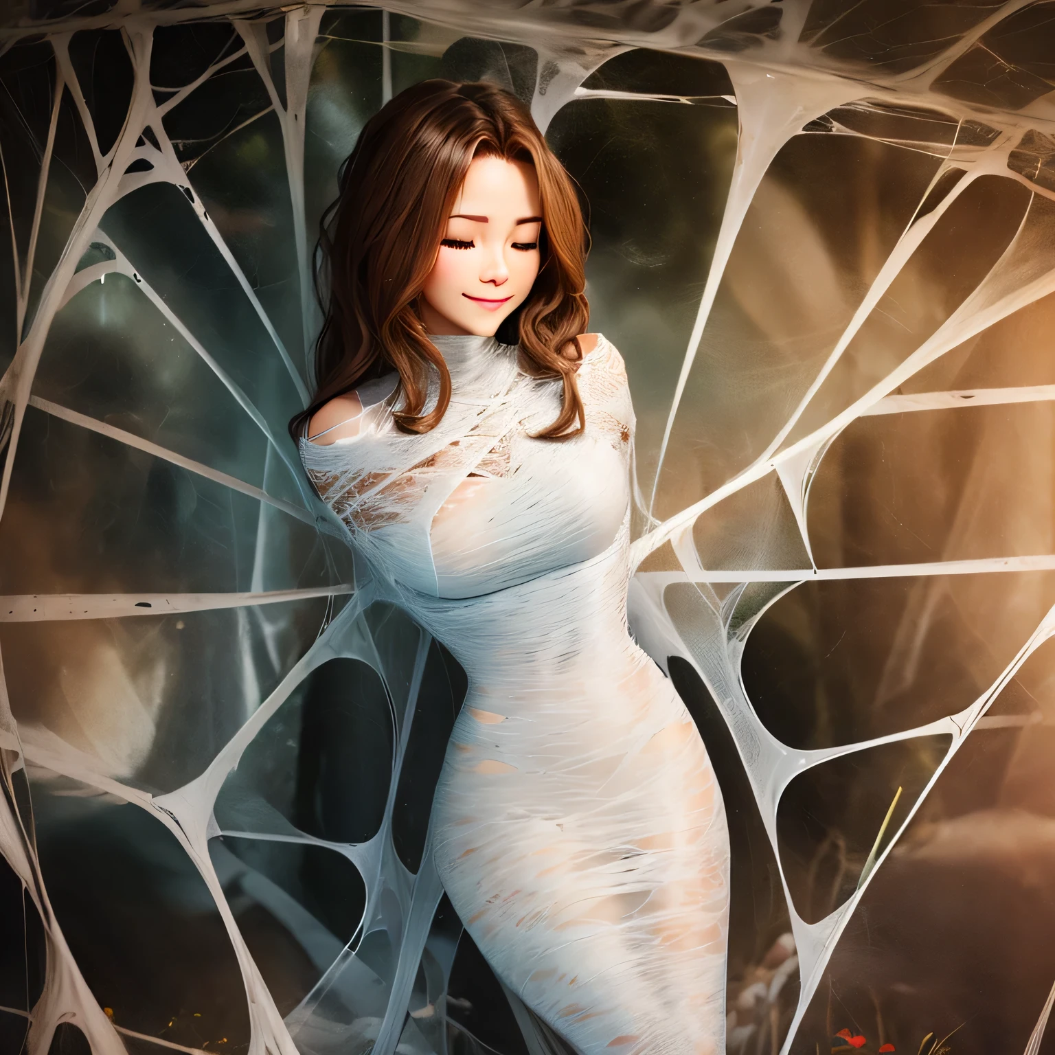 a light brown pinned up haired female who is wearing a very sexy translucent long skirt, black gloves,captured by the spider in the cobweb,flirty smile,sexy look,bound,spider web,cocoon,closed eyes