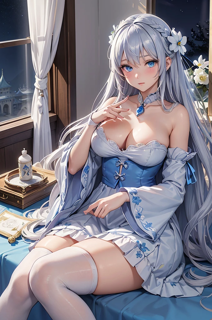 (Overlooking figure)、Dynamic Angle、Super detailed、figure、 Straight、One girl、(Fantasy:1.4)、
(Blue Eyes:1.2)、(Glowing Eyes:1.2)、(Beautiful and detailed:1.1)、(Silver Hair:1.2)、(Messy Hair、Very long hair、French Braid、Hair between the eyes、Side Lock)、
(Blue Hair Flower:1.1)、(Chiffon dress、blue floral pattern on uniform)、(uniform:1.2)、(Removable sleeves、Wide sleeves)、(Fingerless gloves)、choker、
(Shrine Maiden Knee Socks)、High heel boots、(Expressionlesouth closed)、(Are standing)、(White ancient palace、Classic princess bedroom with dressing table and French windows)、
(White flowers are blooming)、(Dull Blue World Tree:1.1)、(Remains)、(night:1.2)、dream-like、(Delicate fingers and hands:1.0)、(Finger details)、Accurate 5 fingers、zettai ryouiki、(Large Breasts:1.5)