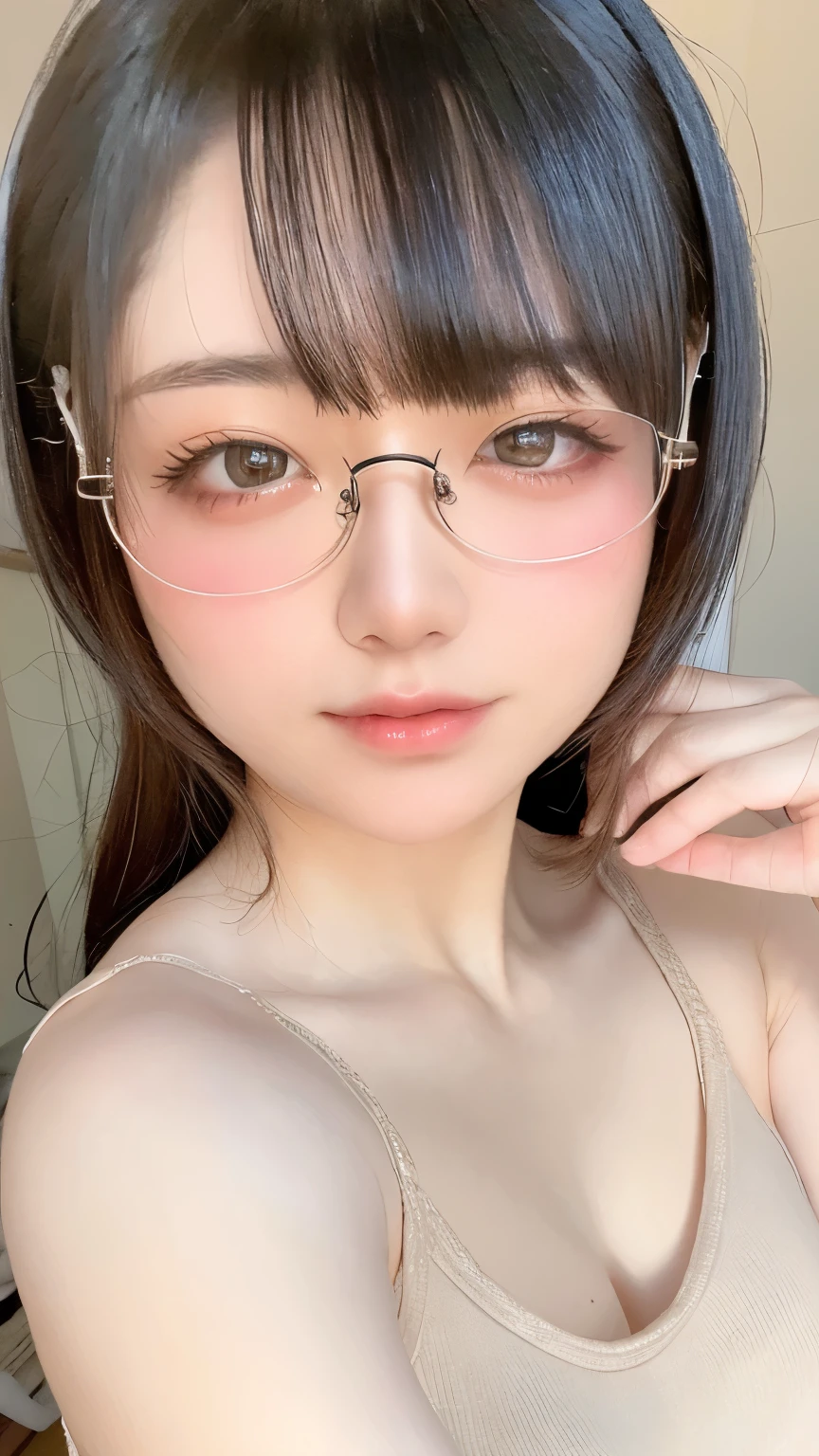 Beautiful and fair、Radiant Skin, 3 Up, Gorgeous, bright, Refreshing and gentle expression, Perfect beautiful face、Beautiful shiny bangs, A very beautiful 17 year old girl, Eyeliner, Very perfect eyes,Very large breasts,Grooves reveal original skin,Muscular body,Light khaki tights,Upper Body,Silver glasses
