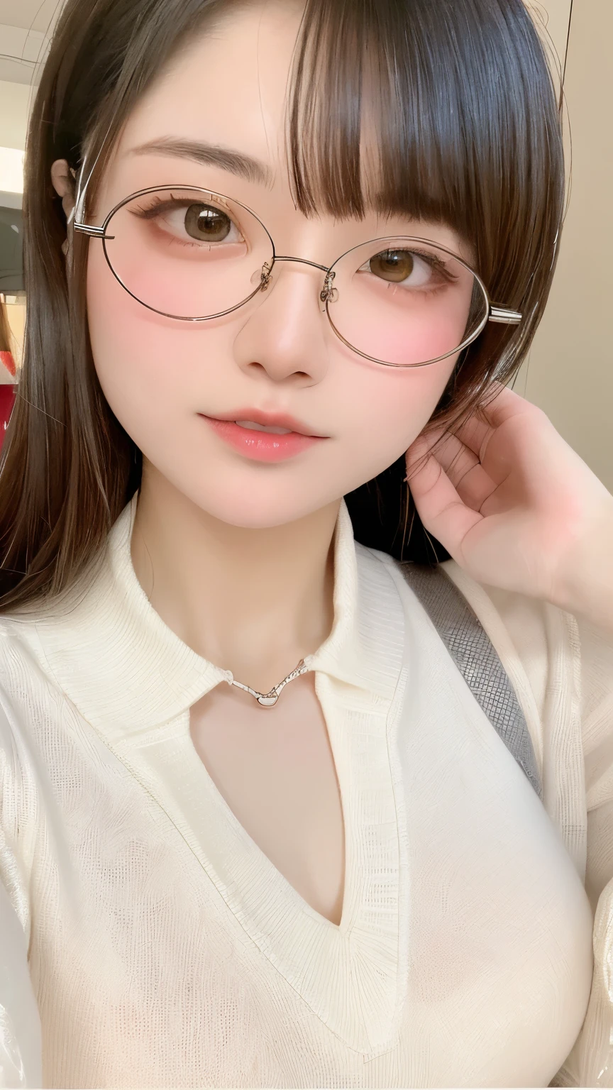 Beautiful and fair、Radiant Skin, 3 Up, Gorgeous, bright, Refreshing and gentle expression, Perfect beautiful face、Beautiful shiny bangs, A very beautiful girl, Eyeliner, Very perfect eyes,Very large breasts,Grooves reveal original skin,Muscular body,Light khaki tights,Upper Body,Silver glasses