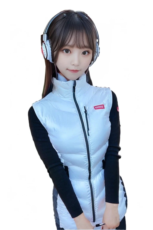 masterpiece, highest quality, Very detailed, 8K Portrait,japanese android girl,Plump , Control panel,Robotic arms and legs, Blunt bangs,,BREAK (metallic gray, metallic luster, mirror finish, astrovest):5,headphone:5,BREAK (black sleeves):100,smartwatch,futuristic space station,control room,BREAK headphone,blue eyes,(black hair):2,(long hair):1.3,look at viewer,(Respirator),BREAK blush:3,hidden hands,smile