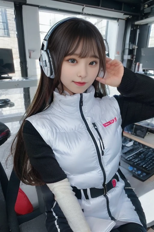 masterpiece, highest quality, Very detailed, 8K Portrait,japanese android girl,Plump , Control panel,Robotic arms and legs, Blunt bangs,,BREAK (metallic gray, metallic luster, mirror finish, astrovest):5,headphone:5,BREAK (black sleeves):100,smartwatch,futuristic space station,control room,BREAK headphone,blue eyes,(black hair):2,(long hair):1.3,look at viewer,(Respirator),BREAK blush:3,hidden hands,smile