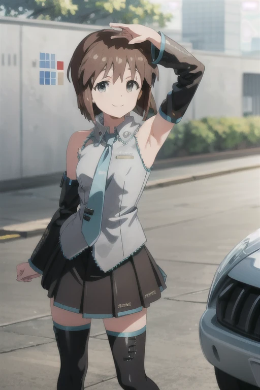 (((pixel-perfect, detail-perfect))), solo, 1girl, yukiho hagiwara, miku outfit, sleeveless shirt, grey shirt, detached sleeves, necktie, arm tattoo, skirt, thighhighs, thigh boots, looking at viewer, smile