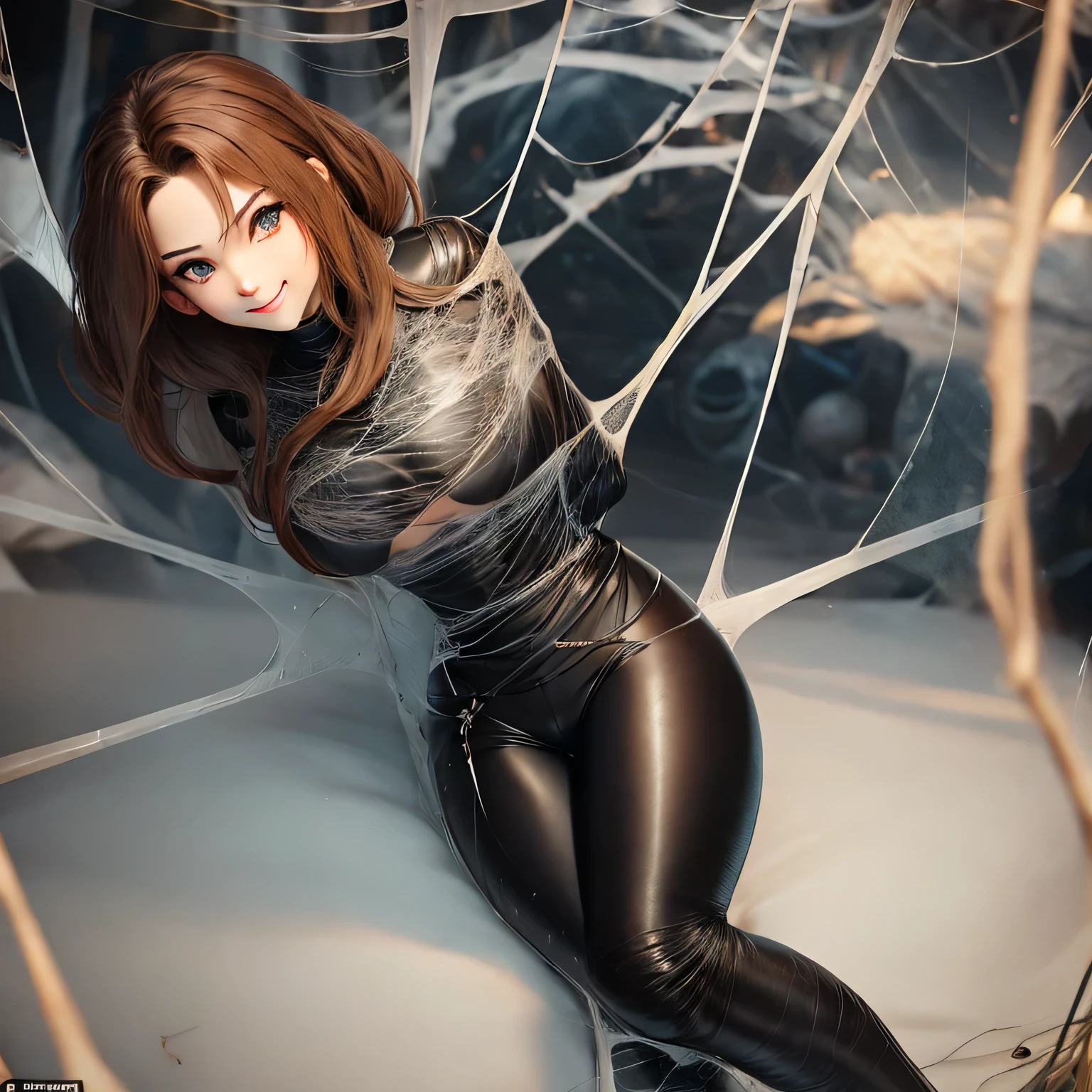 a light brown pinned up haired female thief wo is wearing black ribbed long sleeve top and leather trousers, black gloves,captured by the spider in the cobweb,flirty smile,sexy look,bound,spider web,cocoon