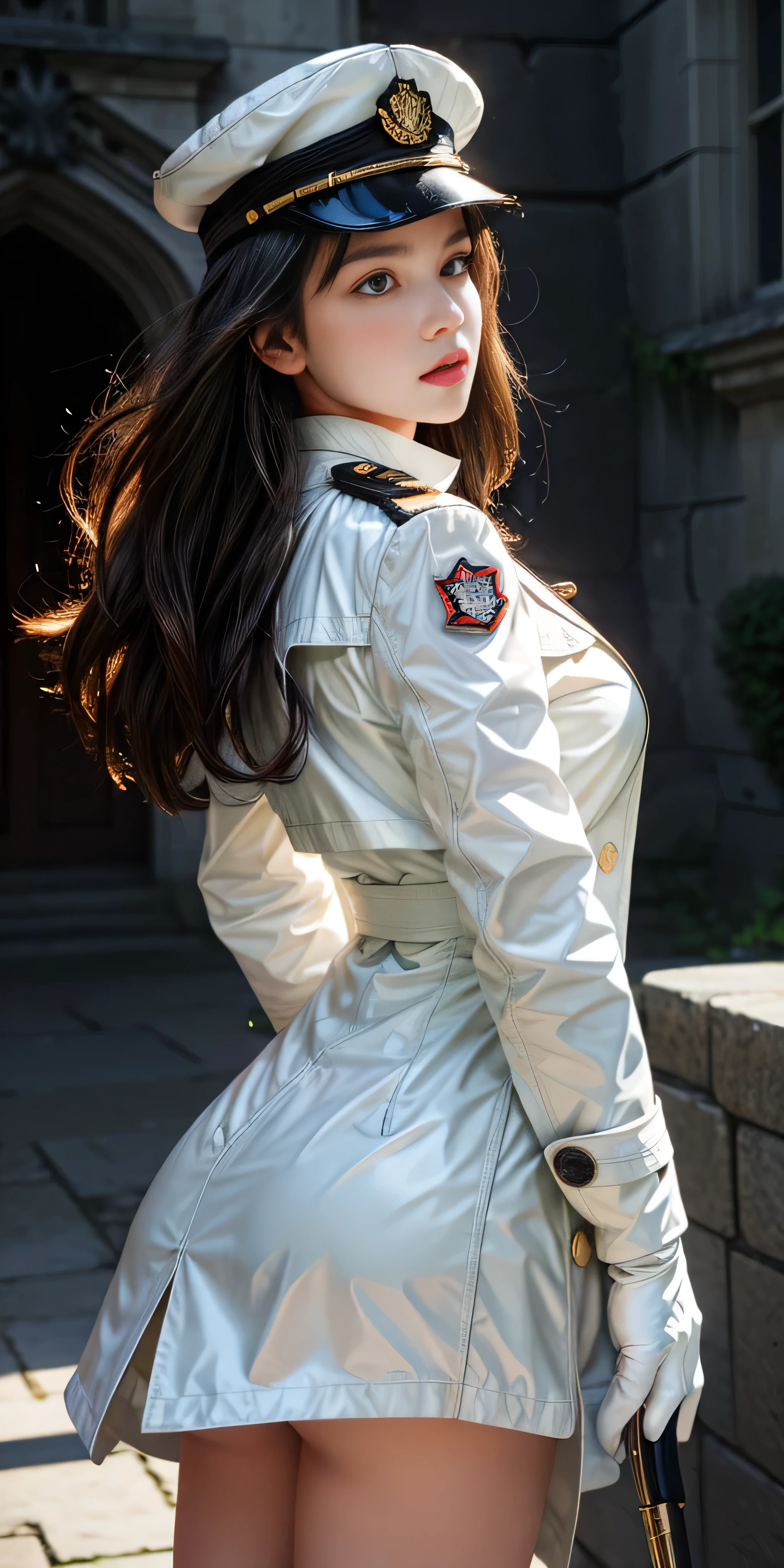 Very detailed CG, 1 girl, red face, slightly open lips, wet body, plump and symmetrical breasts, raised buttocks, long white trench coat, two-breasted buttons, buttoned well, white military cap, white gloves, white boots, green wavy curls, leather whip, chest bump close-up, buttocks close-up, multiple angles, black sky, gloomy castle, dynamic angle, flowing, 8k wallpaper, masterpiece, best quality, super detailed, best lighting, best shadows