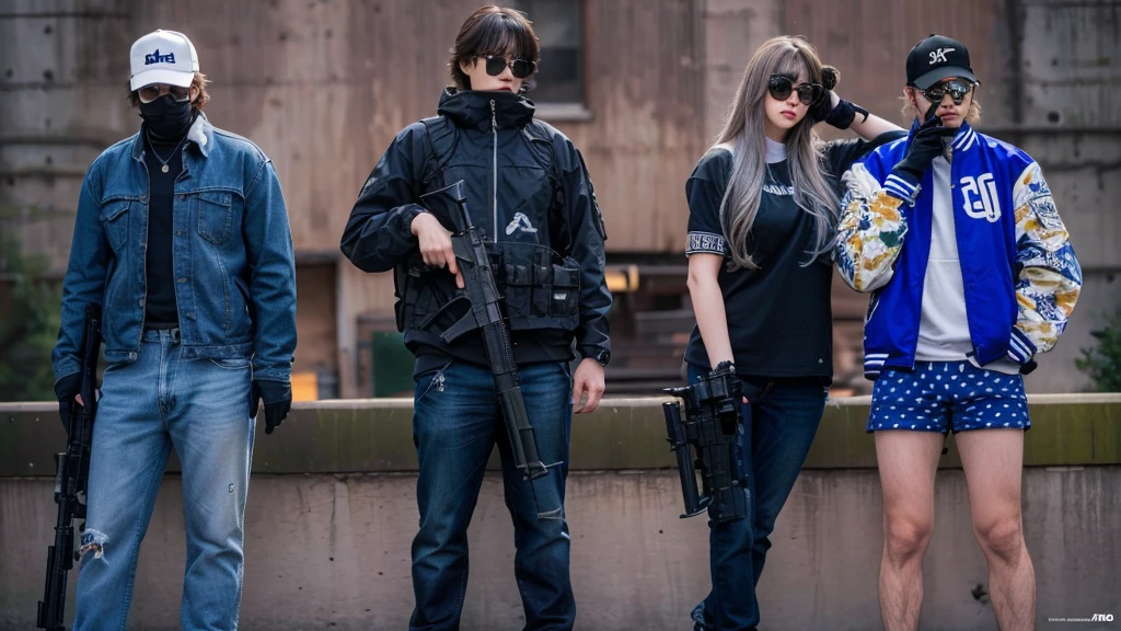 three people standing next to each other with guns, realistic, cool pose, looking heckin cool and stylish
