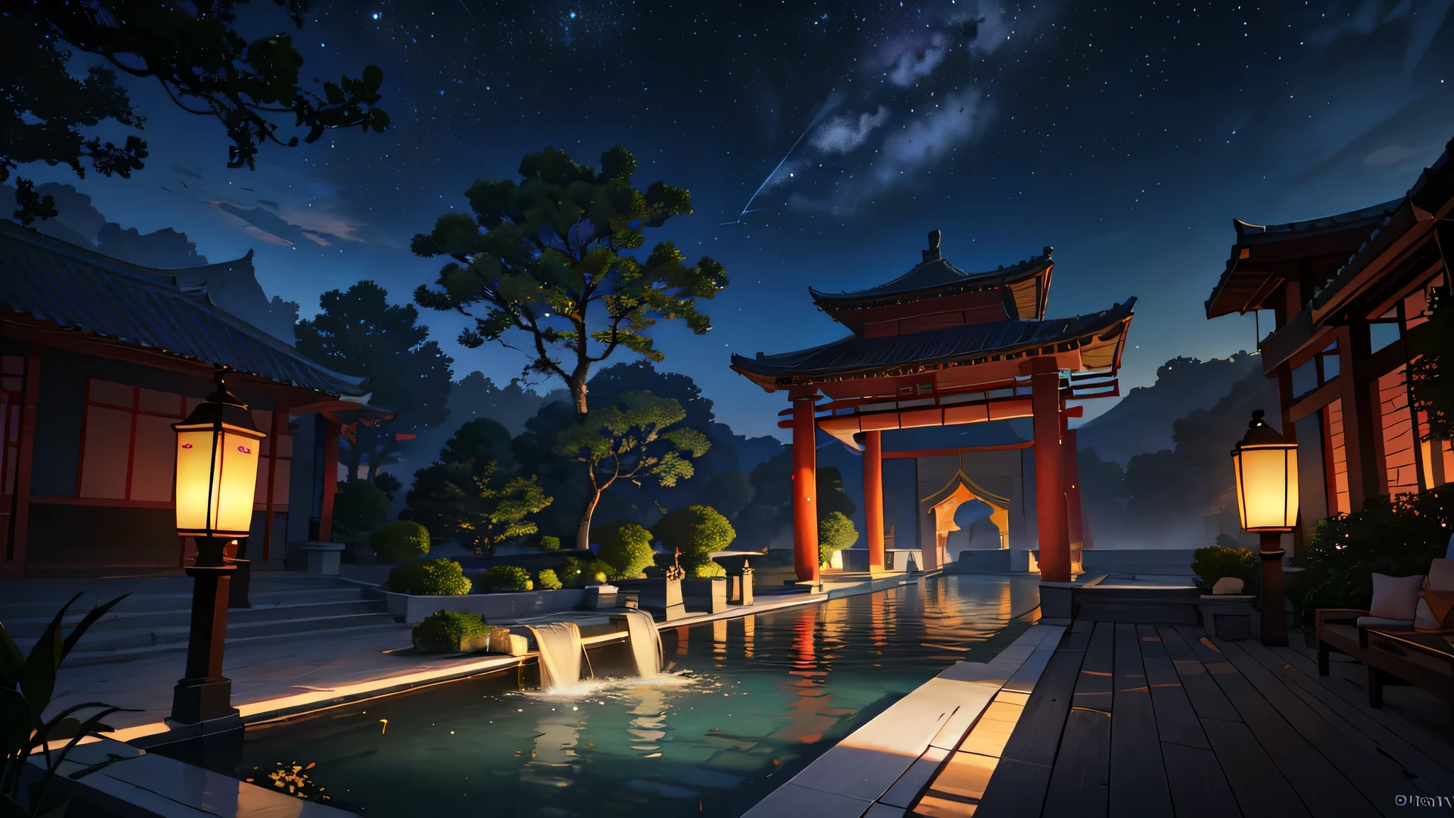 Ancient Chinese arcoitecture, cores legais, noite escura, lua, jardim, tree, lago, Ponte de Pedra, pedraery, arco, cantos, tree, running water, Vision, ar livre, cachoeira, grama, pedra, , (illustration: 1.0) , Narrative composition, Detalhe HD, Obra de arte, melhor qualidade, (Highly detailed Unity 8K CG wallpapers)