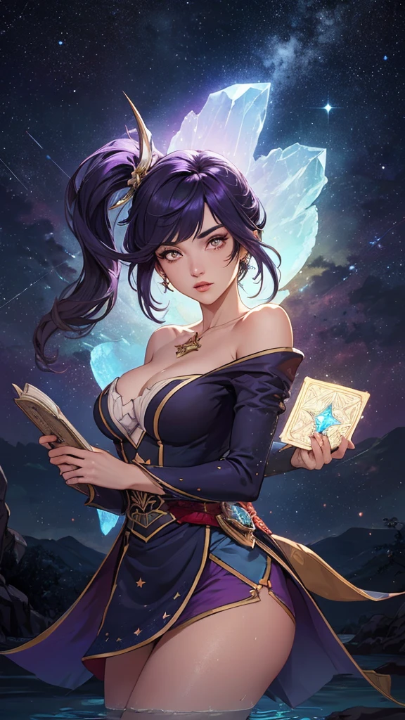 garota, localizado na esquina, looking at the sky, Sozinho, Mona (impacto genshin), Gargantilha, cabelo entre os olhos, star (symbol), cabelo longo, cabelo roxo escuro, twintails, olhos azuis, olhos brilhantes, joia, bruxa, housekeeper, franja, vestido preto roxo, saia roxa, avental branco, paisagem, noite sky, star (sky), starry sky, noite, ar livre, nuvens, reflection, Water, Magia, tarot, Water Magia, ((linda estrela de cristal dourada)),  space, Water droplets, Respingo