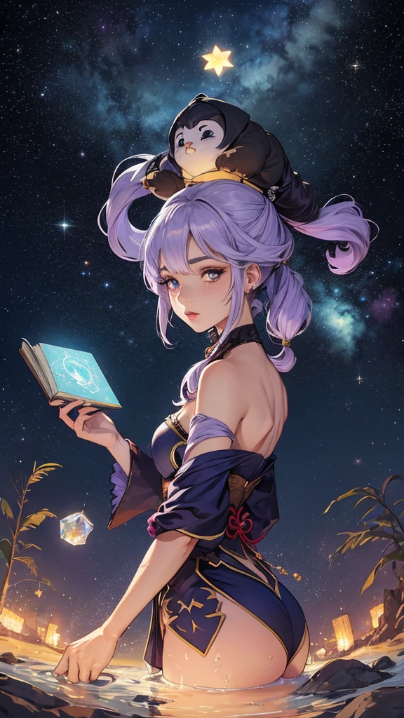 garota, localizado na esquina, looking at the sky, Sozinho, Mona (impacto genshin), Gargantilha, cabelo entre os olhos, star (symbol), cabelo longo, cabelo roxo escuro, twintails, olhos azuis, olhos brilhantes, joia, bruxa, housekeeper, franja, vestido preto roxo, saia roxa, avental branco, paisagem, noite sky, star (sky), starry sky, noite, ar livre, nuvens, reflection, Water, Magia, tarot, Water Magia, ((linda estrela de cristal dourada)), space, Water droplets, Respingo