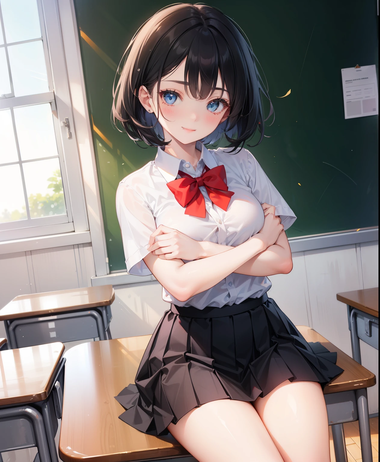 1 girl, , Dynamic posing, dynamic angle, Arrange pose,Top quality work,Show Legs,(short black hair),(blue eyes), Rose cheeks, Pretty Face, A perfectly proportioned face, school white shirt with red bow and black skirt, (school uniform), (school white shirt), white stockings,school, in classroom, smilling, Offers A Hug