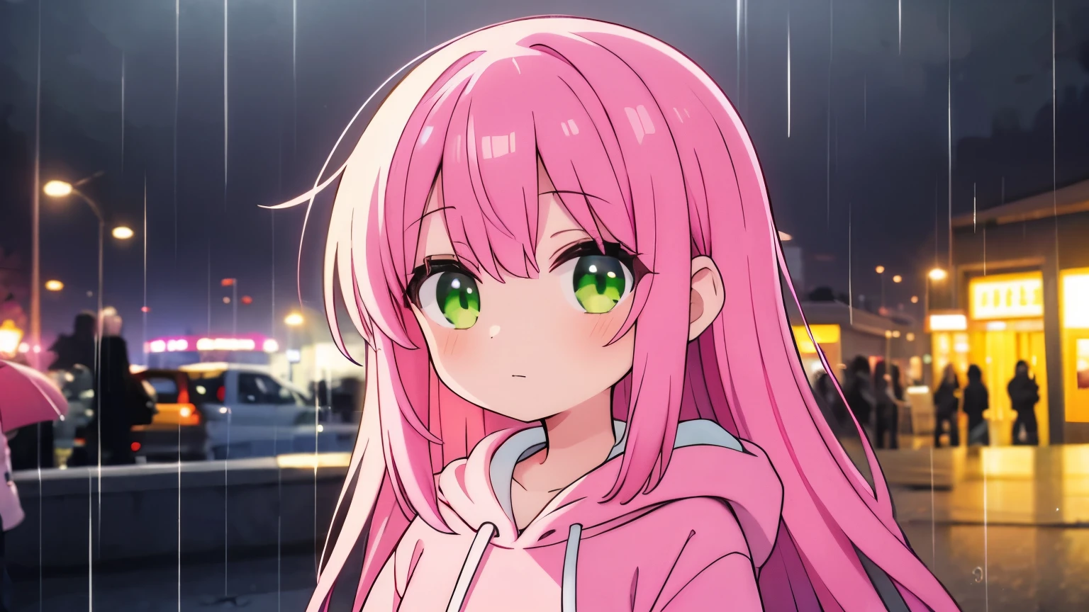 A girl with long pink hair and green eyes wearing a pink hoodie, rain, umbrella