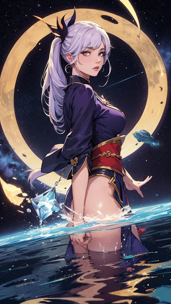 garota, localizado na esquina, looking at the sky, Sozinho, Mona (impacto genshin), Gargantilha, cabelo entre os olhos, star (symbol), cabelo longo, cabelo roxo escuro, twintails, olhos azuis, olhos brilhantes, joia, bruxa, housekeeper, franja, vestido preto roxo, saia roxa, avental branco, paisagem, noite sky, star (sky), starry sky, noite, ar livre, nuvens, reflection, Water, Magia, tarot, Water Magia, ((linda estrela de cristal dourada)),  space, Water droplets, Respingo