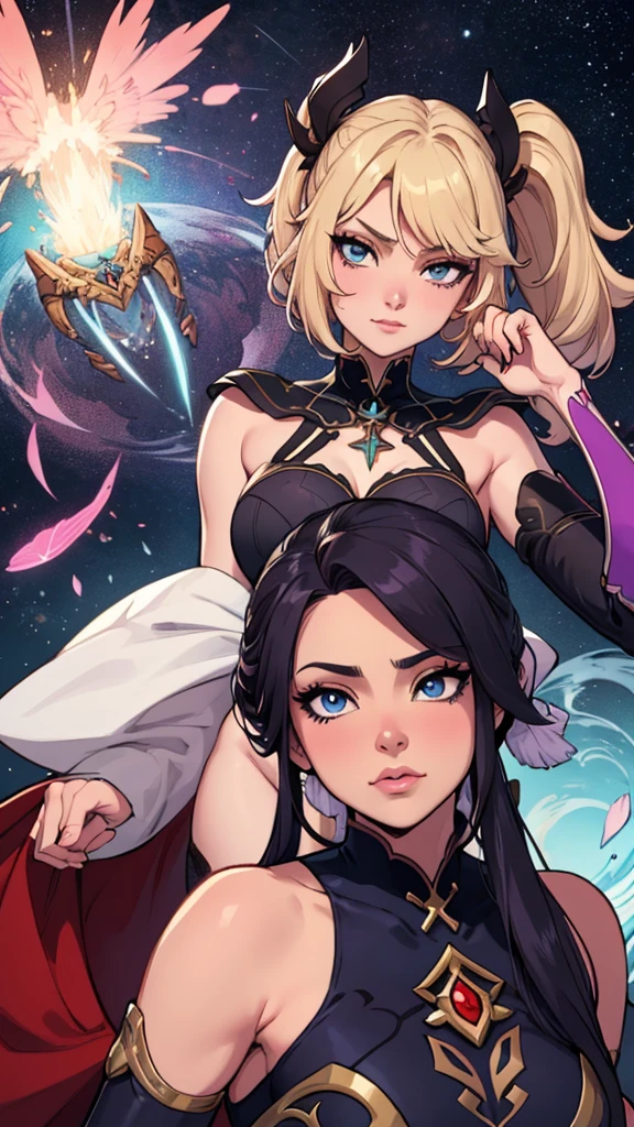 Estilo J. Scott Campbe linda feiticeira, cabelo loiro, Magia, cabelo curto loiro, estilo fantasia, vestido loiro, sorriso loiro, detalhado blue eyes, detalhado brown eyes, revelando o manto assassino, Magia robe, D&D, The cloak is made of origami, Weilding, polvilhar de vezes, detalhes intrincados, realista, Estilo J. Scott Campbe, Focado, detalhado, de fotoreal, Hiperrealismo, 4kn de personagens altamente detalhado, arte digital detalhada fofa, City fan art, design de personagem retrato, beautiful digital illustration, retrato de alta qualidade, arte em quadrinhos, retrato do design do personagem, Busty without clothes and medium breasts female character two girlfriends Beautiful character pose in dynamic pose two women together Yvonne Strahovski on the left and together with Jennifer Connelly on the right with a symmetrical body with a corset and beautiful breasts, corpo bem definido, delicado e sensual, estilo de desenho animado, digital illustration with each other artgerm estilo Angelica - Fate/Kaleid Liner Prisma Illya cartoon estilo digital illustration colorful background diverse attractive woman sesy beautiful female symmetrical breasts beautiful breasts in cartoon estilo digital illustration art, melhor qualidade,Cartoon estilo digital illustration estilo Jill Valentin resident Evil (papel de parede extremamente detalhado da unidade CG 8k), (melhor qualidade), (best illustration), (melhor sombra), absurdos, realistic lighting, (Abismo), lindo brilho detalhado, arte de , Cartoon estilo digital um garota, localizado na esquina, looking at the sky, Sozinho, Mona (impacto genshin), Gargantilha, cabelo entre os olhos, star (symbol), cabelo longo, cabelo roxo escuro, twintails, olhos azuis, olhos brilhantes, joia, bruxa, housekeeper, franja, vestido preto roxo, saia roxa, avental branco, paisagem, noite sky, star (sky), starry sky, noite, ar livre, nuvens, reflection, Water, Magia, tarot, Water Magia, ((linda estrela de cristal dourada)), space, Water droplets, Respingo