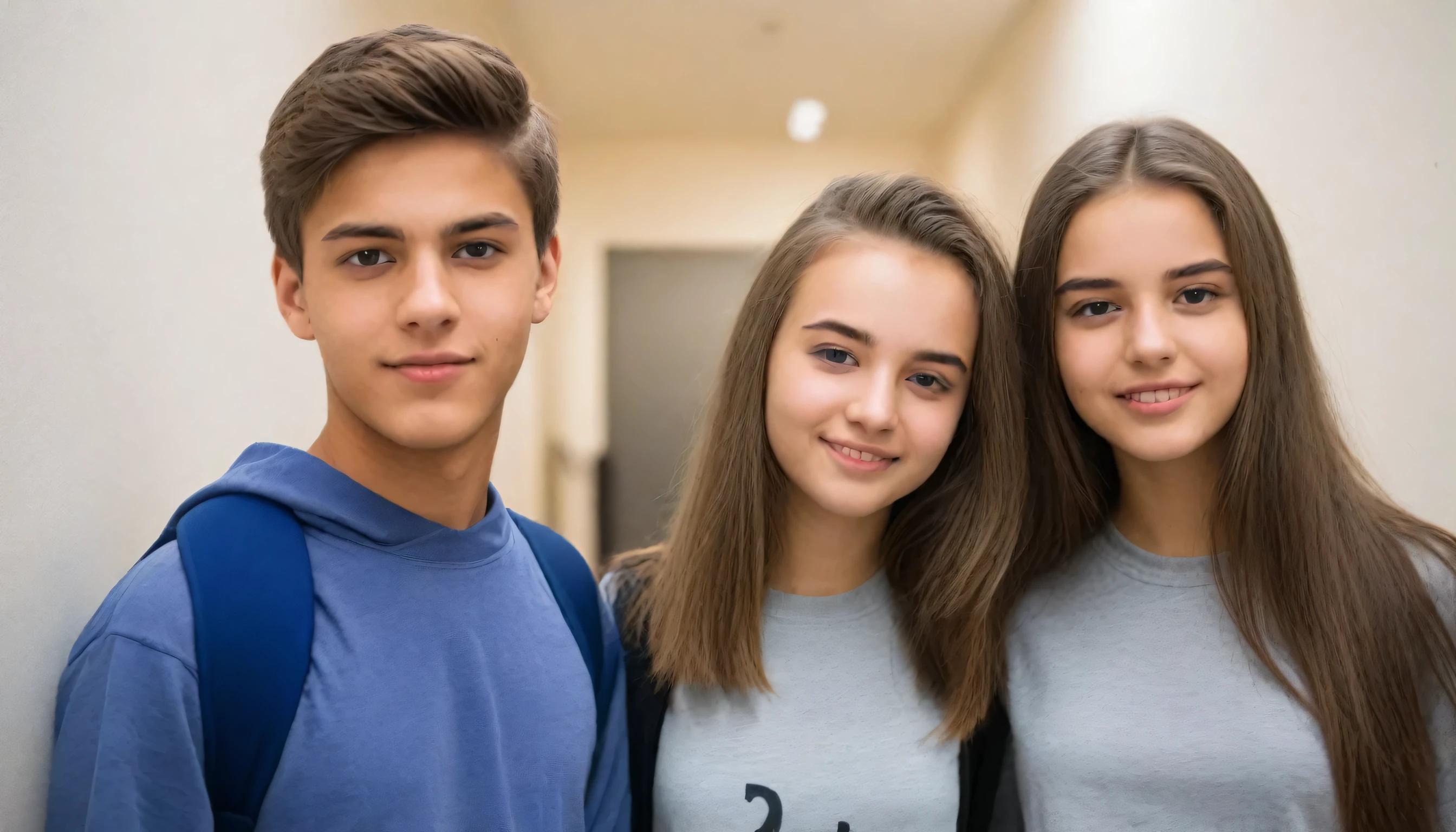 three teenage students , in the school hallway, student clothing, perfect face, detailed face ,parece inteligente, fotografia, foto, smart appearance, imagem de estoque, arte em alta, foto, retrato de alta qualidade, instagram post, cintilante, good looking, a foto, foto de retrato