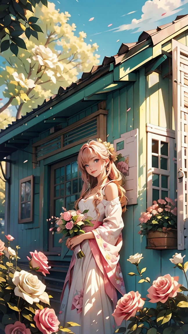 Painting the exterior of a small three-story Western-style building, White wall, Bright green door and window, Pink rose flowers, Flower vine, Anime Background Art, Relaxation concept art, Anime scenery concept art, Highly detailed scenes, Beautiful artwork illustration, Highly detailed scenes, Environmental design illustration, Beautiful anime scene, Anime Scenery, Soft images with great attention to detail, Environmental Painting, Bright color scheme, 3D、Beautiful Caucasian Woman、smile 