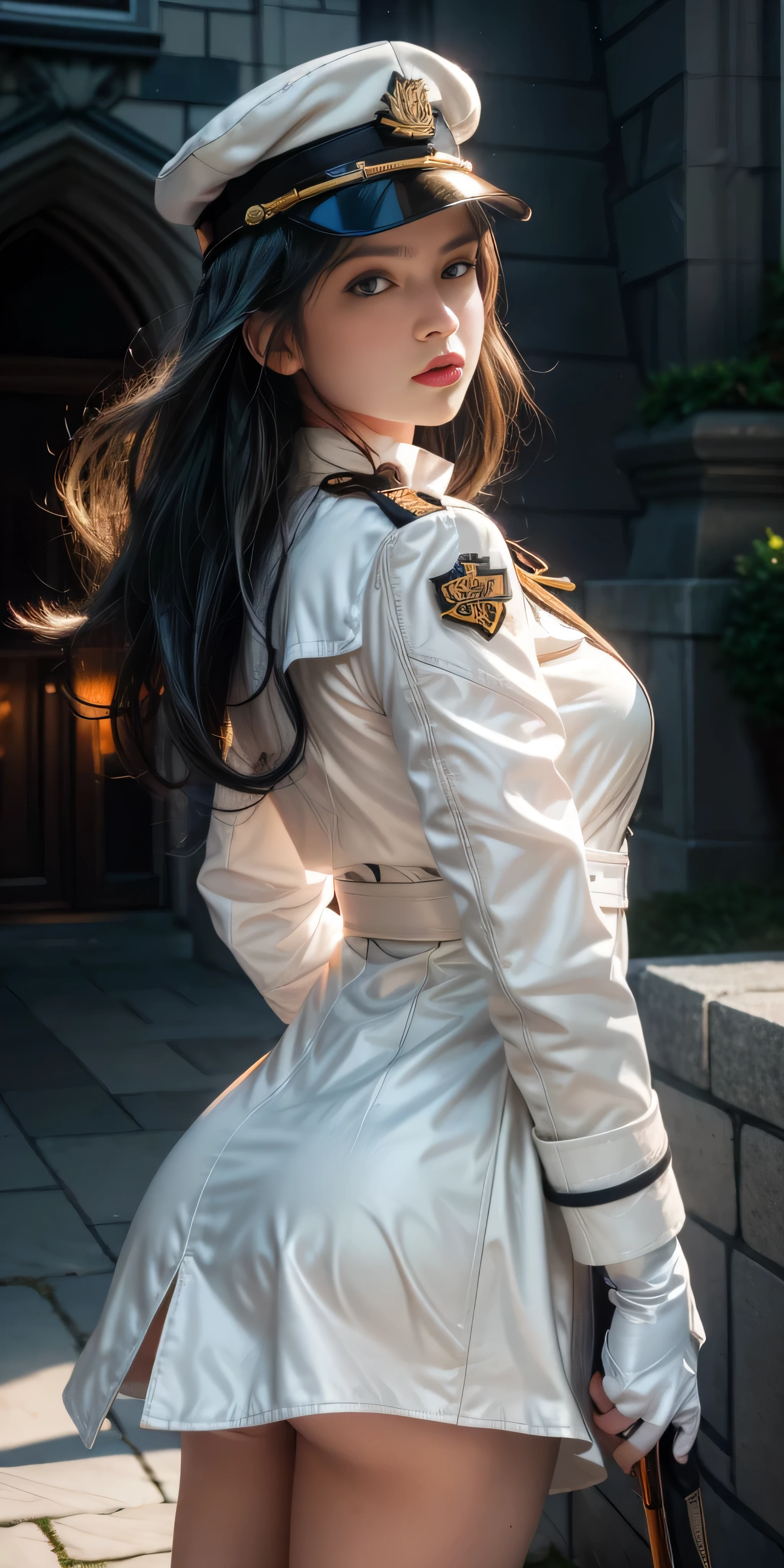 Very detailed CG, 1 girl, red face, slightly open lips, wet body, plump and symmetrical breasts, raised buttocks, long white trench coat, two-breasted buttons, buttoned well, white military cap, white gloves, white boots, green wavy curls, leather whip, chest bump close-up, buttocks close-up, multiple angles, black sky, gloomy castle, dynamic angle, flowing, 8k wallpaper, masterpiece, best quality, super detailed, best lighting, best shadows