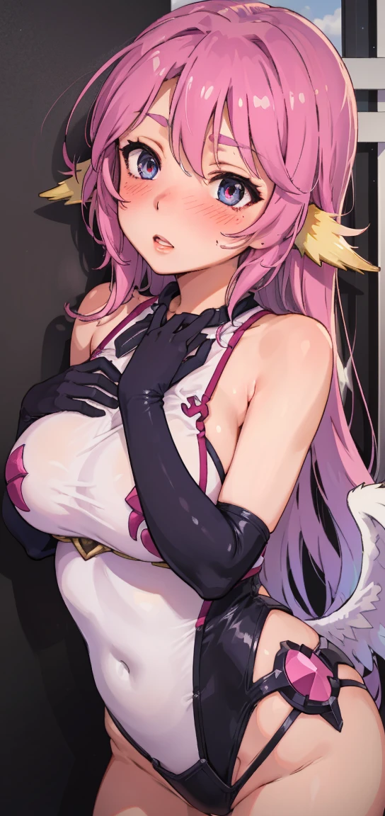 Jibril, (standing straight), blushed, perfect anatomy, detailed eyes, detailed lips, extremely detailed eyes and face, vivid colors, sharp focus, masterpiece:1.2, ultra-detailed, blushed, ((doggystyle)), (solo), sleeveless, bodysuit, solo.