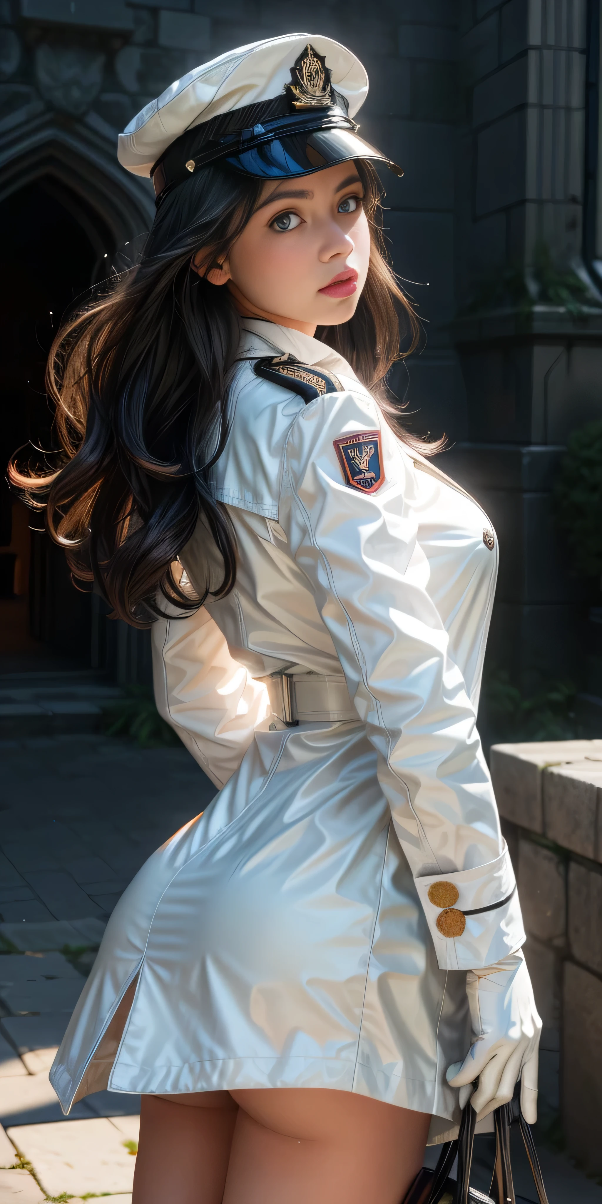 Very detailed CG, 1 girl, red face, slightly open lips, wet body, plump and symmetrical , raised buttockwhite trench coat, two-breasted buttontoned welhite mili cap, white gloves, white boots, green wavy curls, leather whip, chest bump close-up, buttocks close-up, multiple alack sky, gloomy castle, dynamic angle, flowing, 8k wallpaper, masterpiece, best quality, super detailed, best lighting, best shadows