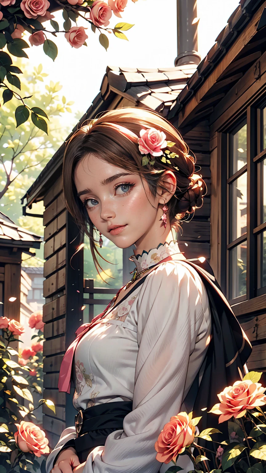 Painting the exterior of a small three-story Western-style building, White wall, Bright green door and window, Pink rose flowers, Flower vine, Anime Background Art, Relaxation concept art, Anime scenery concept art, Highly detailed scenes, Beautiful artwork illustration, Highly detailed scenes, Environmental design illustration, Beautiful anime scene, Anime Scenery, Soft images with great attention to detail, Environmental Painting, Bright color scheme, 3D、Beautiful Caucasian Woman、smile