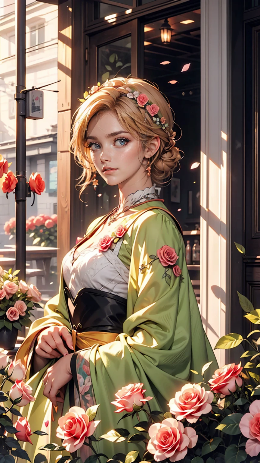 Painting the exterior of a small three-story Western-style building, White wall, Bright green door and window, Pink rose flowers, Flower vine, Anime Background Art, Relaxation concept art, Anime scenery concept art, Highly detailed scenes, Beautiful artwork illustration, Highly detailed scenes, Environmental design illustration, Beautiful anime scene, Anime Scenery, Soft images with great attention to detail, Environmental Painting, Bright color scheme, 3D、Beautiful Caucasian Woman、smile