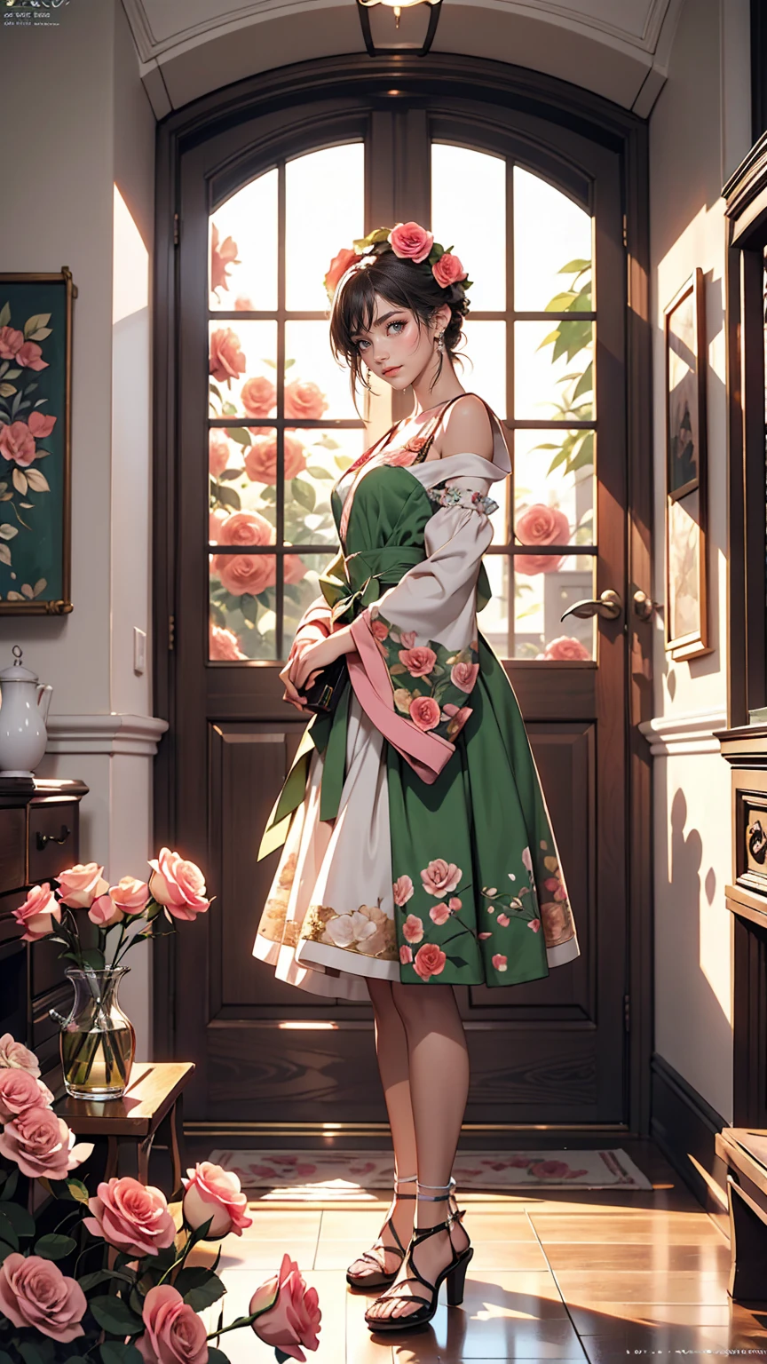 Painting the exterior of a small three-story Western-style building, White wall, Bright green door and window, Pink rose flowers, Flower vine, Anime Background Art, Relaxation concept art, Anime scenery concept art, Highly detailed scenes, Beautiful artwork illustration, Highly detailed scenes, Environmental design illustration, Beautiful anime scene, Anime Scenery, Soft images with great attention to detail, Environmental Painting, Bright color scheme, 3D、Beautiful Caucasian Woman、smile