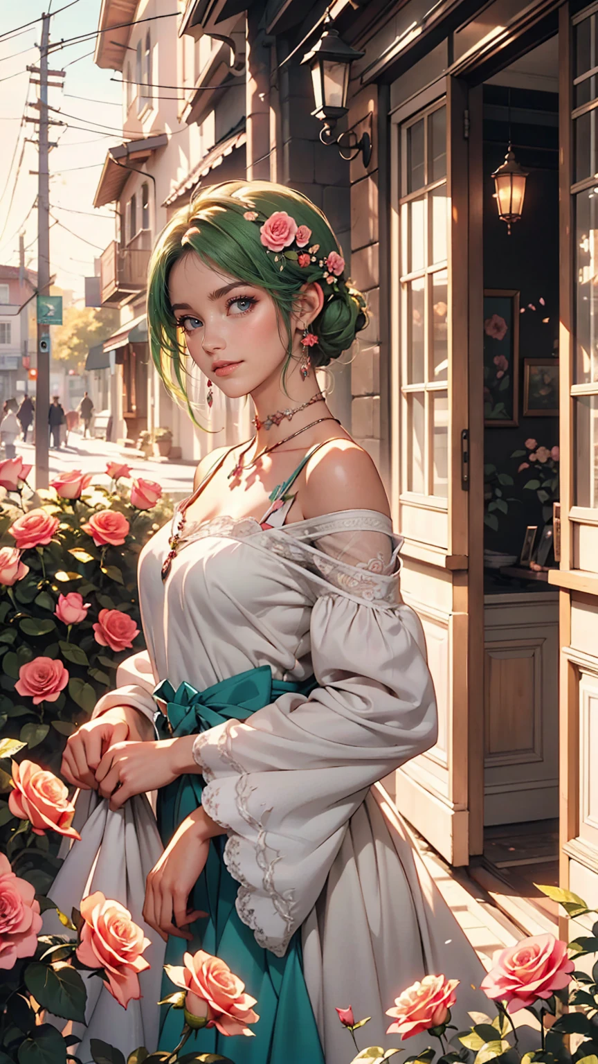 Painting the exterior of a small three-story Western-style building, White wall, Bright green door and window, Pink rose flowers, Flower vine, Anime Background Art, Relaxation concept art, Anime scenery concept art, Highly detailed scenes, Beautiful artwork illustration, Highly detailed scenes, Environmental design illustration, Beautiful anime scene, Anime Scenery, Soft images with great attention to detail, Environmental Painting, Bright color scheme, 3D、Beautiful Caucasian Woman、smile