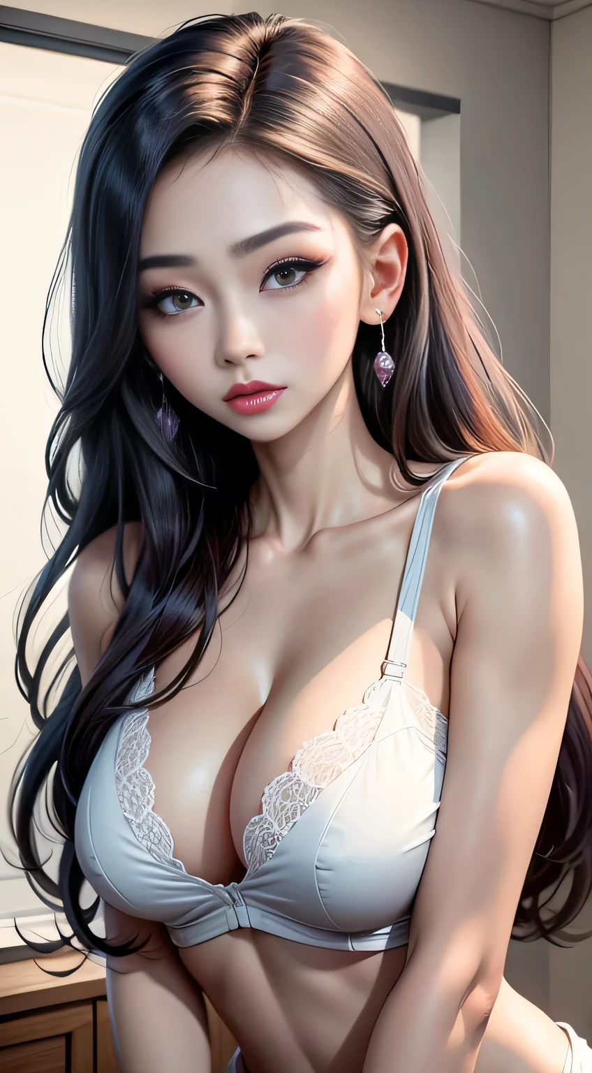 sfw, Top image quality、Raw photography、超A high resolution、18-year-old Korean、Colossal tits:1.5、cleavage of the breast:1.6、Healthy complexion、shiny white skin、Beautiful eyes with random colors、very thin lips、beautiful eyes finely detailed、elongated eyes、pale pink blush、long eyeslashes、Beautiful double eyelids、eyeshadows、wearing bra,((skinny waist)), young asian girl, ((big breasted)),
