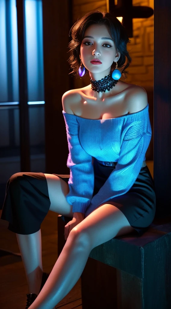 Cinema Lighting、(Key Light:Front 45 degree angle, Subsidy light、Backlight、Shadow、Blue and orange color palette), Accurate human body、Someone knowledgeable、Correct five-finger、RAW Photos、4K - ultra-vivid、highest quality, masterpiece, Ultra-high resolution, (reality: 1.4),
(((Oilskin,Glowing Skin、Realistic skin texture、Beautiful skin in every detail、Shiny skin、Shiny skin)))、
Beautiful youth, 19-year-old girl, 魅力的なgirl, クールなgirl、girl、mini skirt、Black Mask、((赤いHeavy makeup))、(()) 、 girl1人, Purple eyes, Off-the-shoulder sweater dress, Cinema Lighting、purple and black hair、(Mine girl、Goth Makeup、My Makeup)、(Earrings、Big Breastsed black t-shirt with open shoulders、ダークmini skirt)、((Heavy makeup、Oilskin,Glowing Skin、Realistic skin texture、Fine and beautiful skin、Shiny skin)), Dark downtown at night、Kabukicho、Dark Cyberpunk、(Full Shot:1.8)、Thin legs、Thin arms、Narrow shoulders、Narrow waist、Slender body、Big Breasts、whole body