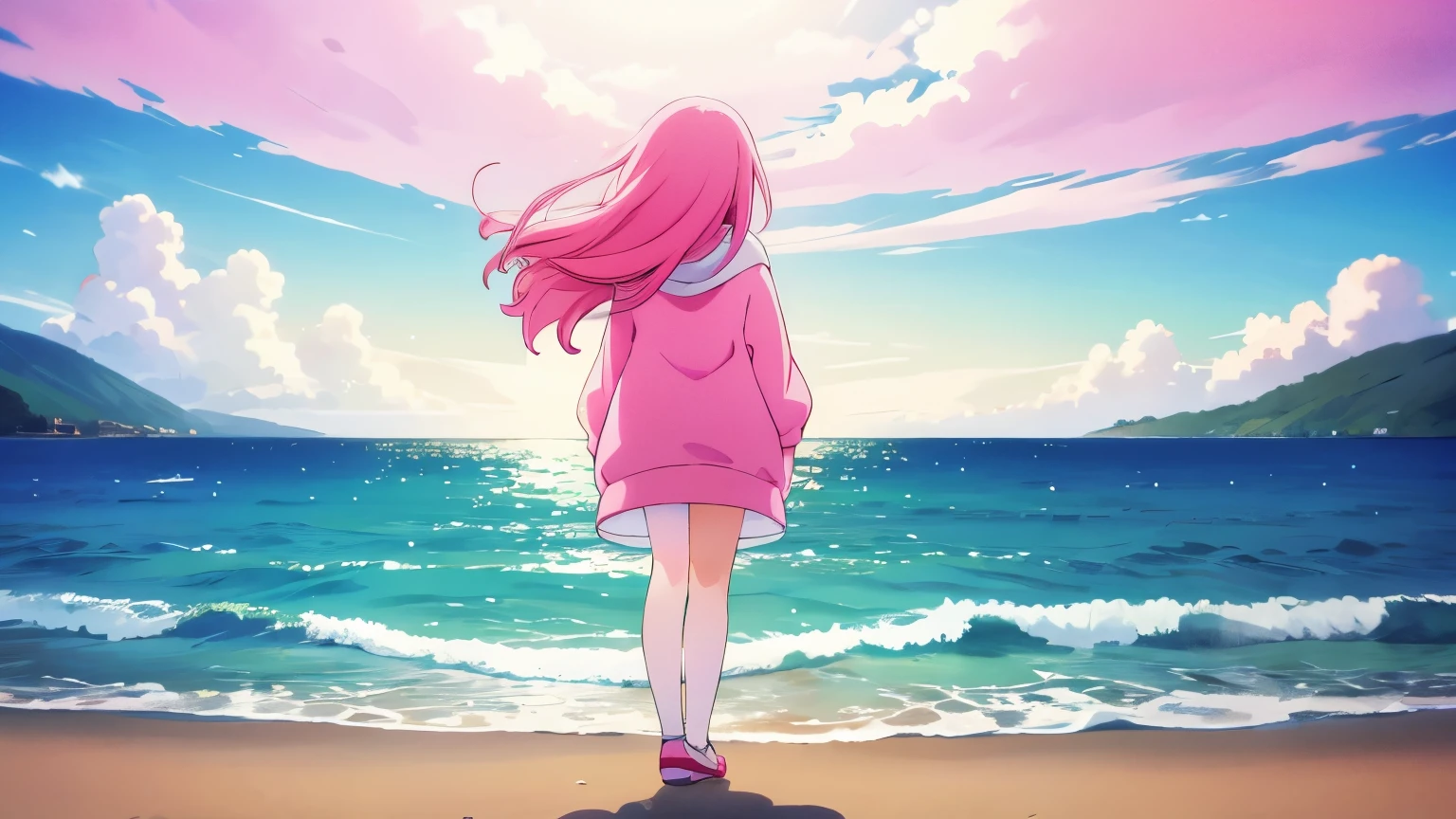 Back view of a girl with long pink hair and green eyes wearing a pink hoodie, Ocean, piano, full body