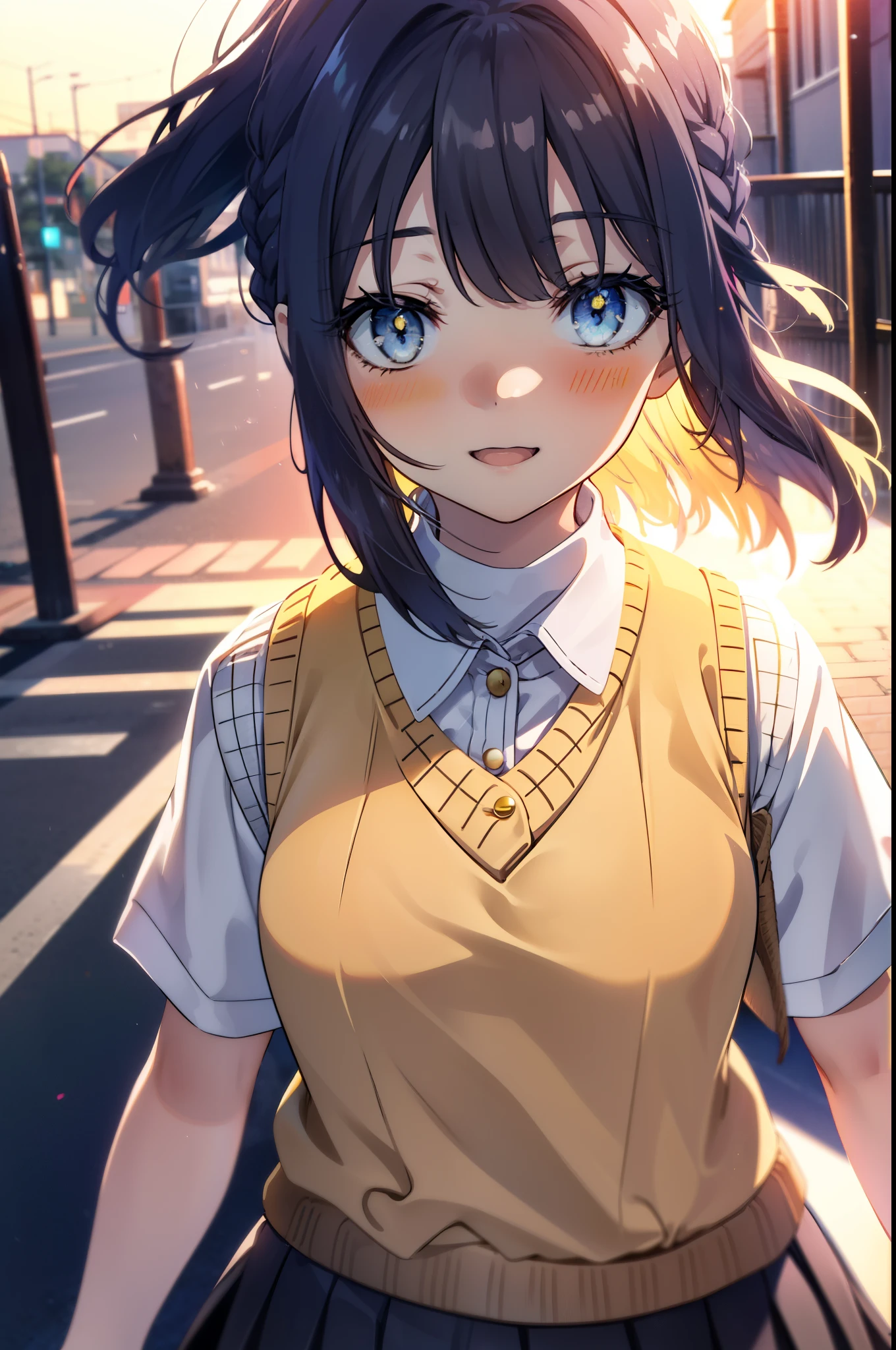 shoukomakinohara, shouko makinohara, Long Hair, blue eyes, Black Hair, Braiding, happy smile, smile, Open your mouth,
break skirt, shirt, , white shirt, Short sleeve, Pleated skirt, collared shirt, White pantyhose,(Black Skirt:1.5), Brown loafers,Sweater vest, (yellow Sweater vest:1.5),morning,morning陽,The sun is rising,Walking,whole bodyがイラストに入るように,
break outdoors, In town,Building district,
break looking at viewer, whole body,
break (masterpiece:1.2), highest quality, High resolution, unity 8k wallpaper, (figure:0.8), (Beautiful fine details:1.6), Highly detailed face, Perfect lighting, Highly detailed CG, (Perfect hands, Perfect Anatomy),