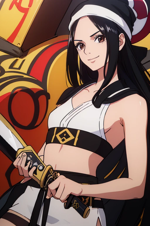 (best quality,4k,8k,highres,masterpiece:1.2), ultra-detailed, Animated, girl, mature face, long black hair, brown eyes, black hair, graffiti,, durag, cool girl, flat, smile, 2 knives swords on the back, fighter