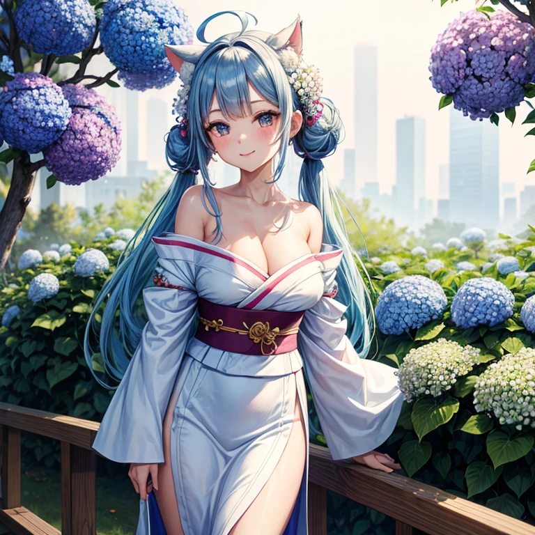 masterpiece,highest quality,High resolution,bb button,Ahoge,Hair Bun,Double good,Side Lock,Animal ears,hair ornaments,ear piercing,Big Breasts,Off the shoulder,kimono,Fur kimono,White kimono,Floral print,Wide sleeves,heart,sash,skirt,Are standing,Outdoor,Cowboy Shot,smile,Arms at your sides,Blue hair in twin tails,Hydrangeas on the roadside,Hydrangea