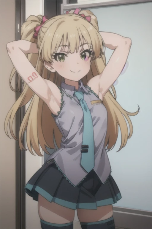 (((pixel-perfect, detail-perfect))), solo, 1girl, rika jougasaki, , miku outfit, sleeveless shirt, grey shirt, detached sleeves, necktie, arm tattoo, skirt, thighhighs, thigh boots, smile, looking at viewer