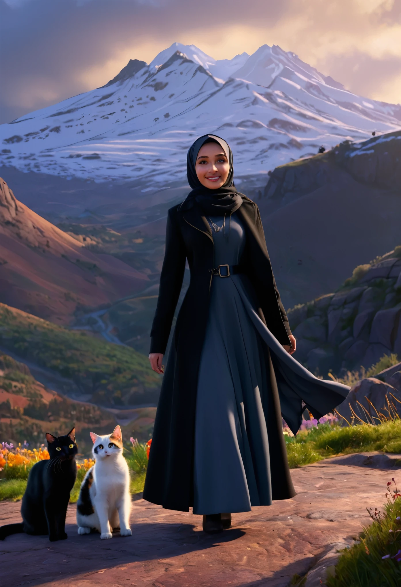 A tall man and a woman wearing a friendly hijab, a black coat, and a beautiful dress on a mountain, accompanied by cute cats, digital art, 8k, photorealistic, highly detailed, cinematic, dramatic lighting, vibrant colors, Pixar style, disney, masterpiece