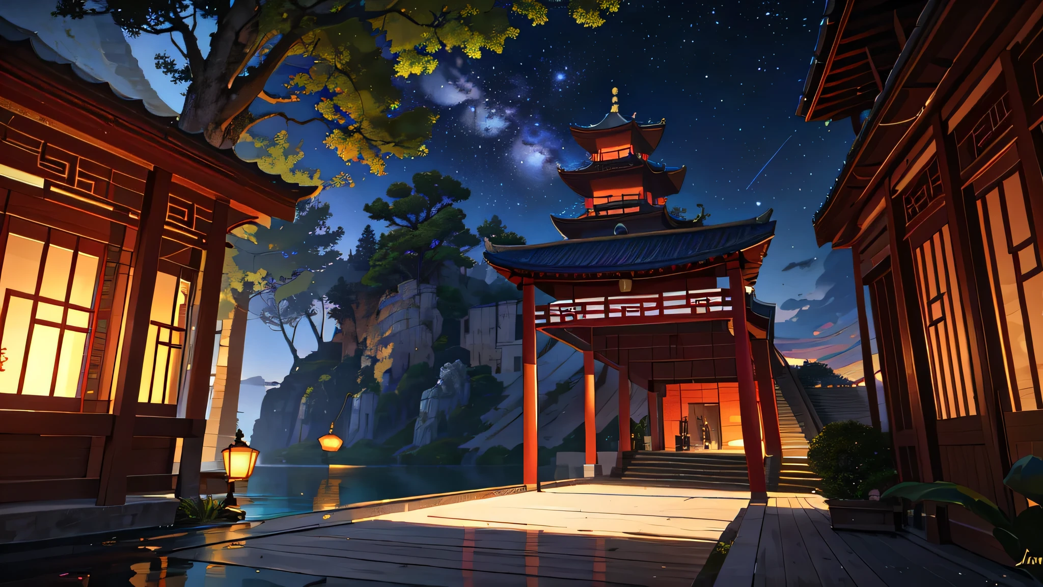 Ancient Chinese arcoitecture, cores legais, noite escura, lua, jardim, tree, lago, Ponte de Pedra, pedraery, arco, cantos, tree, running water, Vision, ar livre, cachoeira, grama, pedra, , (illustration: 1.0) , Narrative composition, Detalhe HD, Obra de arte, melhor qualidade, (Highly detailed Unity 8K CG wallpapers)