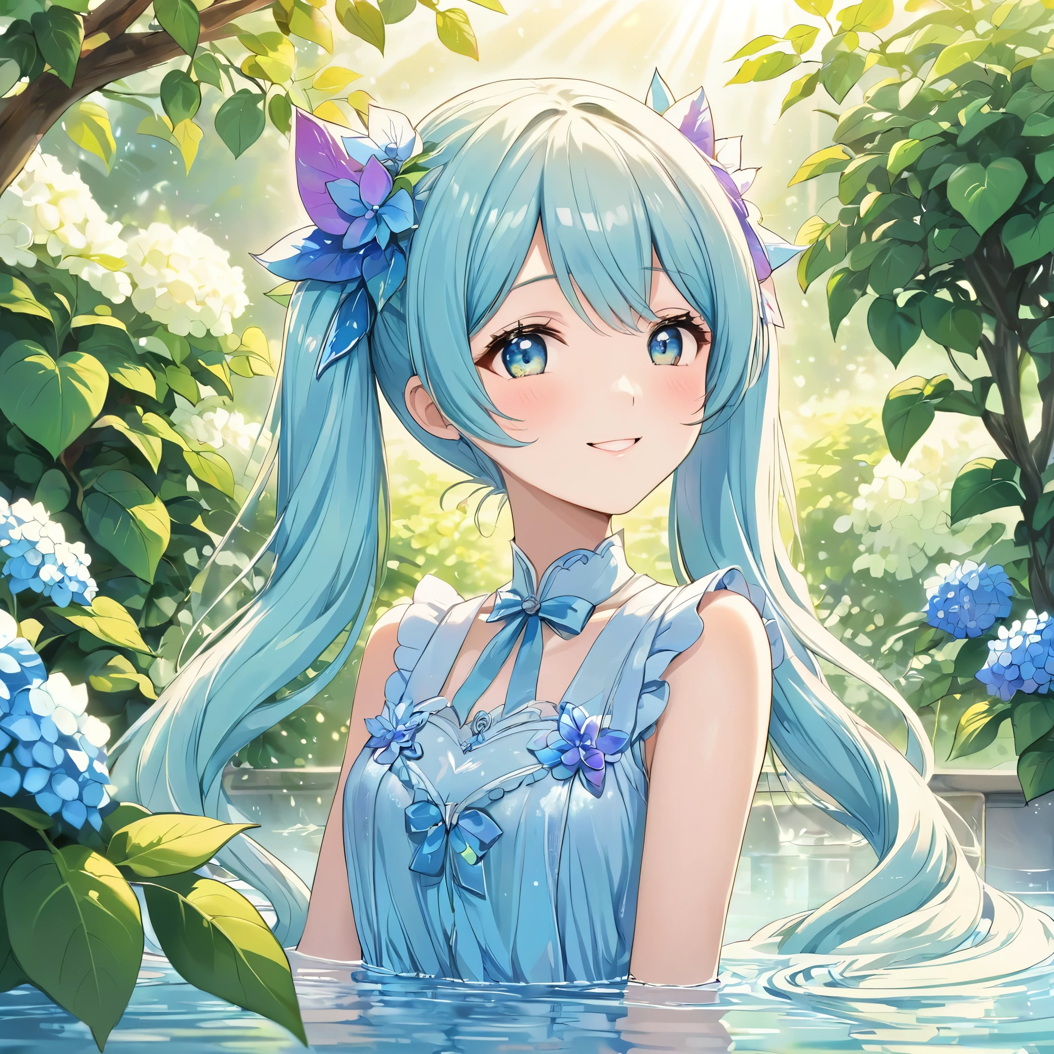 Girl in the Garden,Light blue long hair、Twin tails ,Adorable smile、Red and blue hydrangea flowers,pastel colour,highest quality,Mediate:dream-like,Calm,Surreal,Fantasy,fine grain,Sophisticated dress,Lush greenery,Infinite steppe,Soft sunlight,magic,peaceful,Whimsical,elegant,,bright,Holographic Flowers,romantic,dream-like,attractive,Golden vine,Calm顔,Long eyelashes,Dancing Tree,quiet,Carbonated water,Crystal clear reflections,Celestial,attractive,Harmony,Natural Beauty,magic森.The girl is in the center.、Upper Body View、Face close-up、Face Highlights