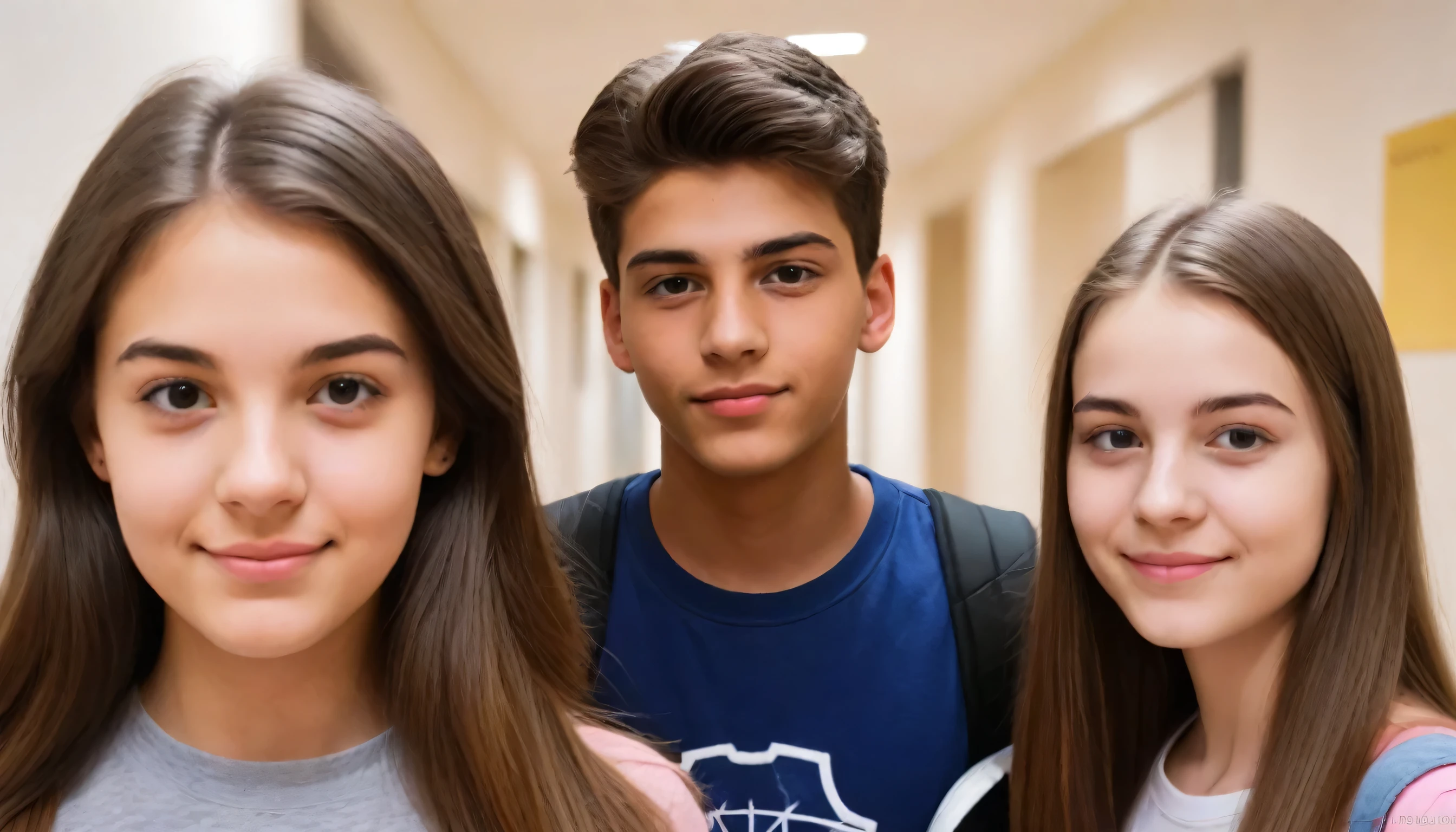 three teenage students , in the school hallway, student clothing, perfect face, detailed face ,parece inteligente, fotografia, foto, smart appearance, imagem de estoque, arte em alta, foto, retrato de alta qualidade, instagram post, cintilante, good looking, a foto, foto de retrato