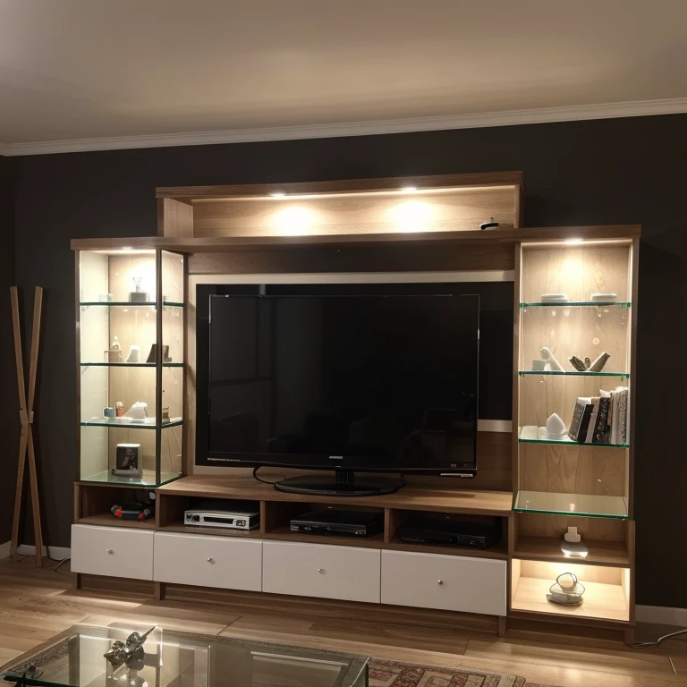 Elabore um design para uma mesa rack suspenso para TV com 1,80mm por 1,20mm that incorporates tempered glass and adjustable LED lighting. O vidro deve ser de alta qualidade, with smoked or transparent finish, and LED lighting should be integrated along edges and shelves, offering various color and intensity options to create different atmospheres.
Detalhes Adicionais:
The main structure must be made of solid wood with a glossy or matte lacquer finish.
Inclua suportes ocultos para um visual flutuante.
Glass shelves must be height adjustable.
The LED lighting system must be controlled remotely.