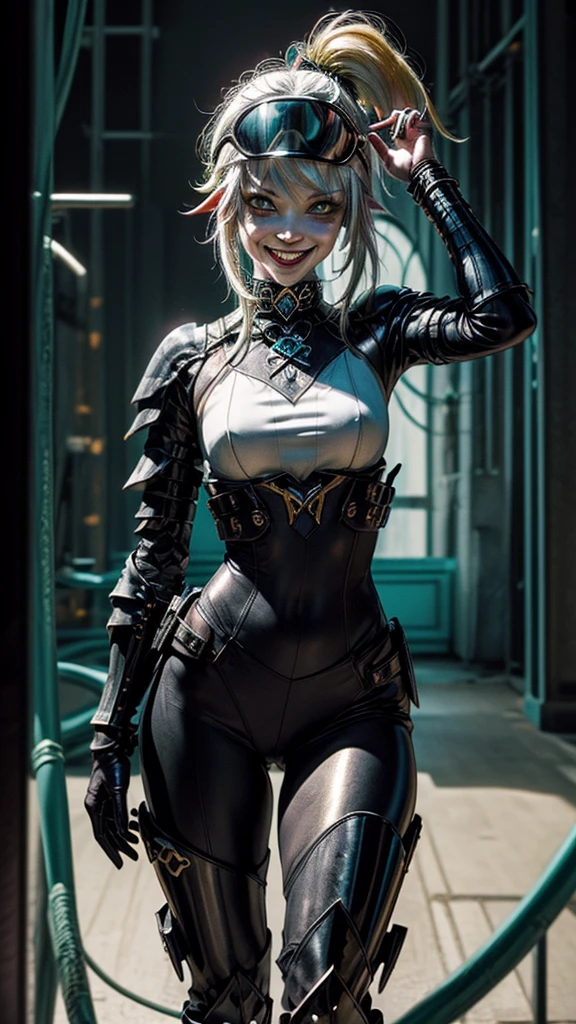 ((Dressed from head to toe in black ((evil grin)) metallic body fitted tight body Armor)) ablack mixed helmet with clear visor for the eyes is on top her head. the girl has black and purple mixed shining lights in her eyes. Long Blonde ponytail
