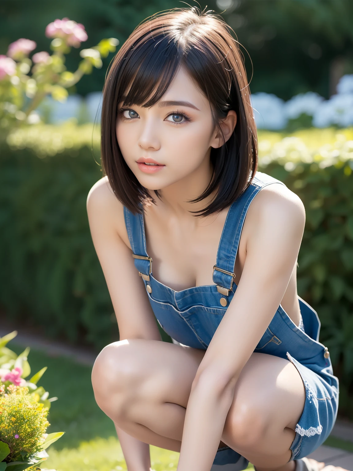 (squat)、(highest quality:1.5)、(Realistic:1.5)、(1 person:1.5)、(Very detailed)、(High resolution)、8k、(naked overalls)、(Slightly small breasts)、Natural color lips、Cute Smile、20-year-old girl、(Beautiful and elaborate face)、(Perfect and beautiful face)、(Big eyes)、(Beautiful and elaborate face)、(Beautiful, balanced eyes)、Beautiful double eyelids、Perfect and beautiful face、Arched thin eyebrows、Slim face、(Slim figure)、Beautiful and thin nose、 Beautiful Skin、(Medium Bob Hair)、Natural Bangs、Fair skin、Front lighting、(Lighting the face)、Deep blue eyes、Slim waistline、Slim and beautiful legs、hydrangea、garden、Cleavage、naked overalls、