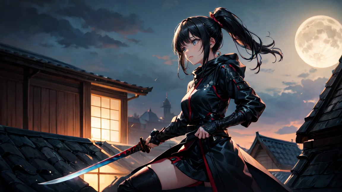 A female ninja in a low stance holding a short sword in a reverse grip under a moonlit night. She is standing on a rooftop with black hair in a ponytail, wearing a black ninja outfit without a mask or hood.