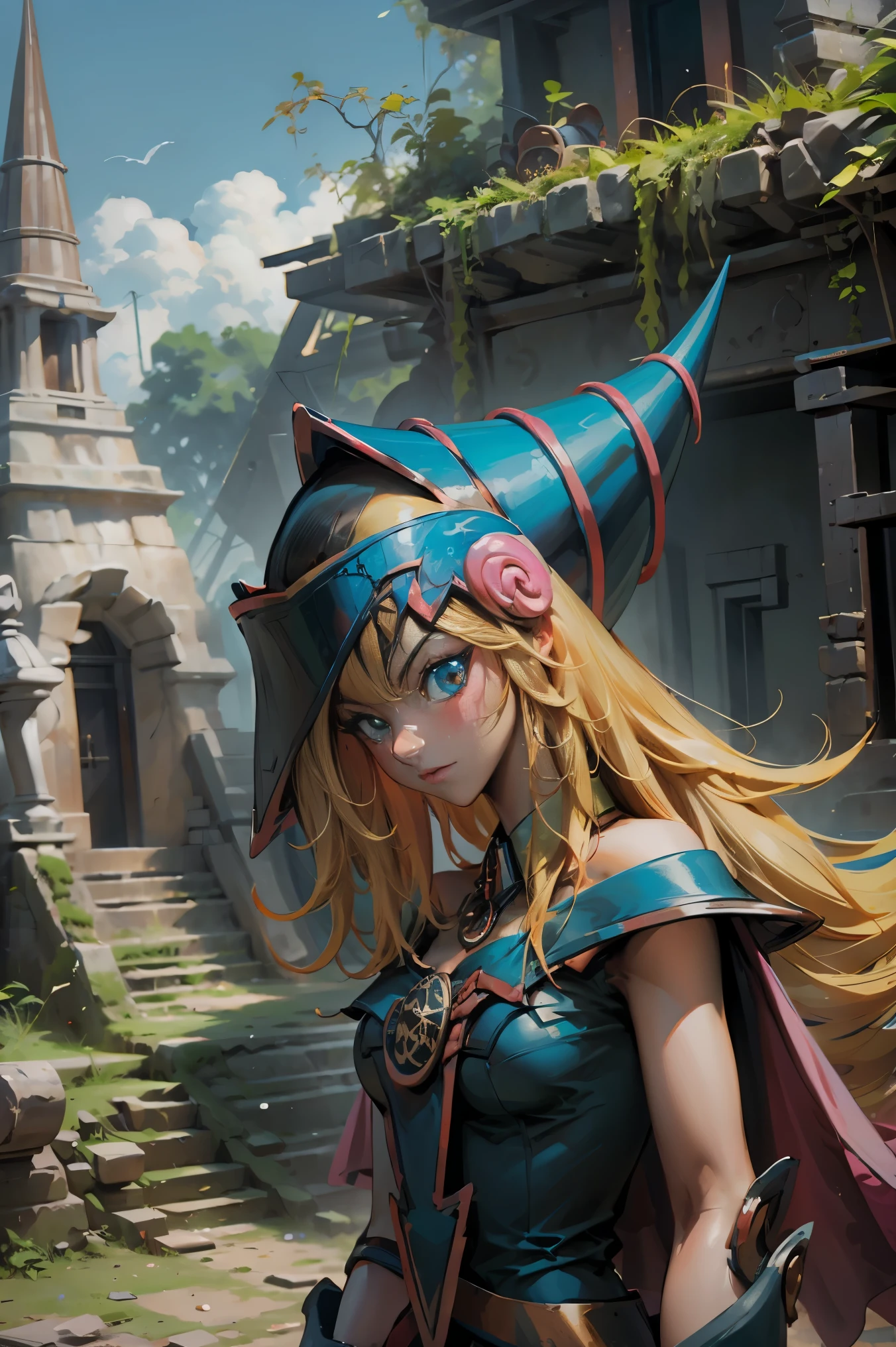 Hermosa dark magician gils. ella esta en la jungla maya. En medio de las ruinas mayas de Tikal. 