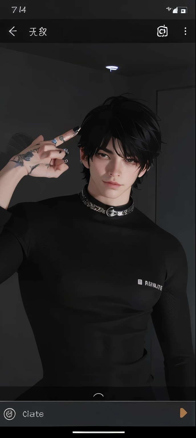 (calidad de imagen de alto nivel、alto detalle、alta calidad、high resolution、Draw everything in high resolution.)、hay un chico, con una remera negra bien pegada a su cuerpo marcando su pechos y abdominales, un collar de plata alrededor del cuello, small tattoos on hand  :: alto detalle, pose de pastel de carne, ropa negra, avatar de la parte superior del cuerpo, imvu, avatar de Second Life, [abdominales firmemente definidos]!!, [rigidly defined abs]!!, primer plano de cuerpo completo, pose lasciva, cuerpo completo muy detallado