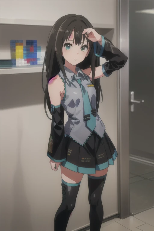 (((pixel-perfect, detail-perfect))), solo, 1girl, rin shibuya, miku outfit, sleeveless shirt, grey shirt, detached sleeves, necktie, arm tattoo, skirt, thighhighs, thigh boots, looking at viewer